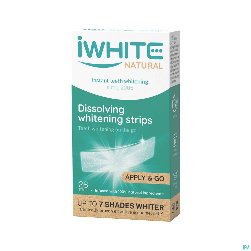 Boîte de bandes blanchissantes iWhite Natural. Contient 28 bandes. Inscription : Jusqu'à 7 teintes plus blanches.
