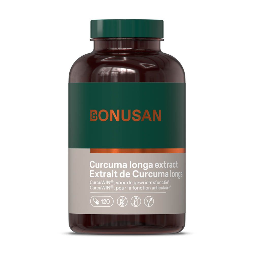 Flacon vert avec bouchon marron. Inscription: BONUSAN, Curcuma longa extract.