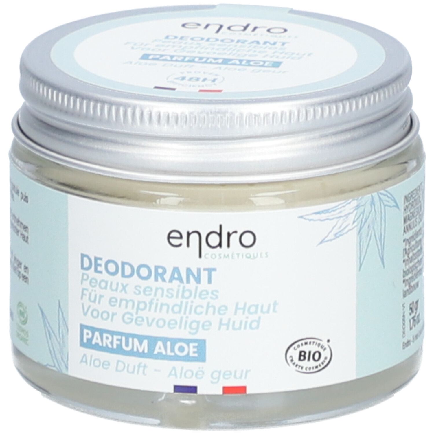 Pot de déodorant endro, parfum Aloe, pour peaux sensibles. Couvercle argenté, étiquette bleue. Certification bio.