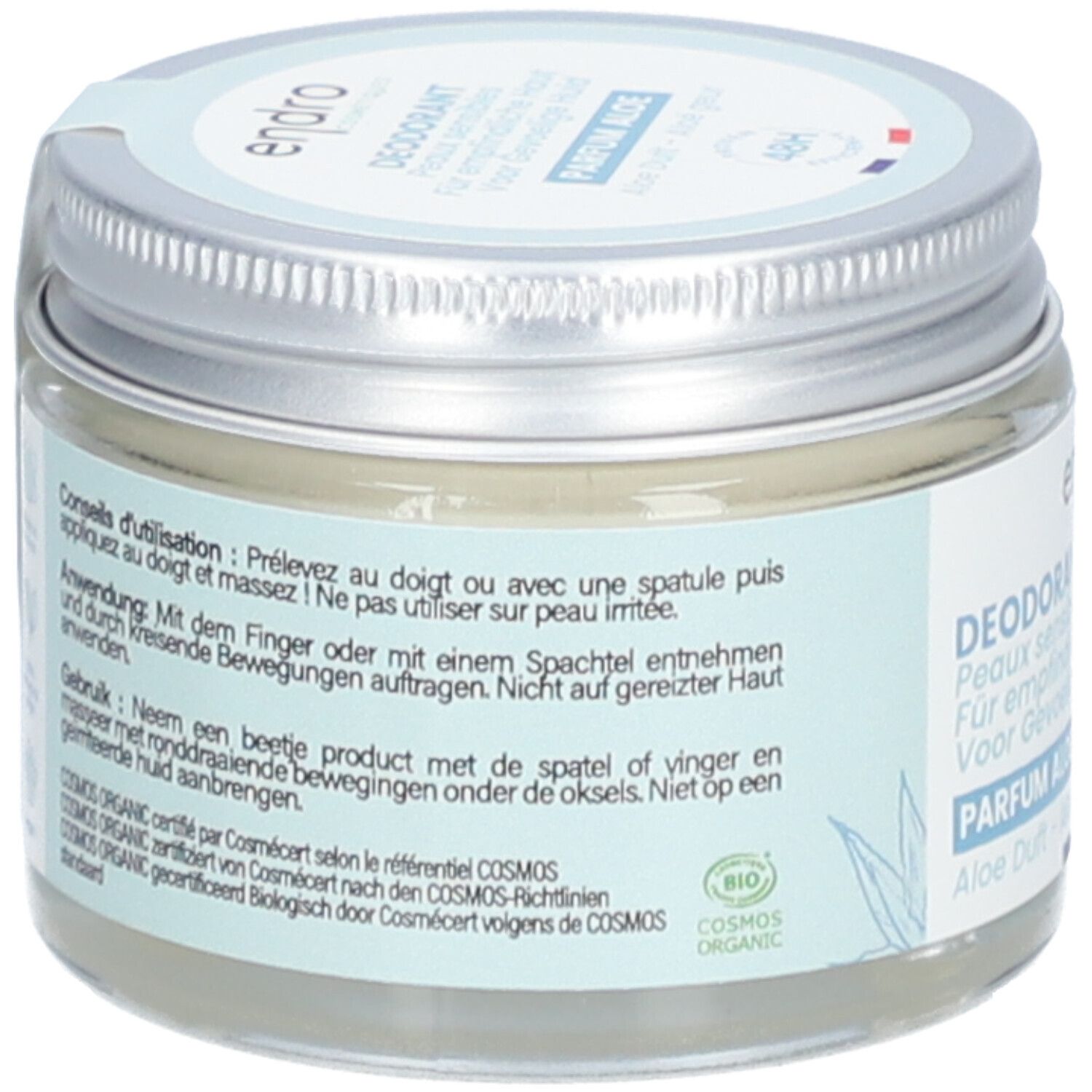 Dos du pot de déodorant. Texte: conseils d'utilisation, ingrédients, certification COSMOS ORGANIC. Label bio.