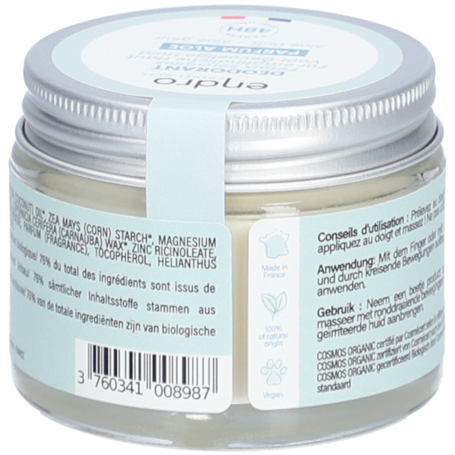 Dos du pot de déodorant. Texte: ingrédients, 100% d'origine naturelle, vegan. Code-barres.