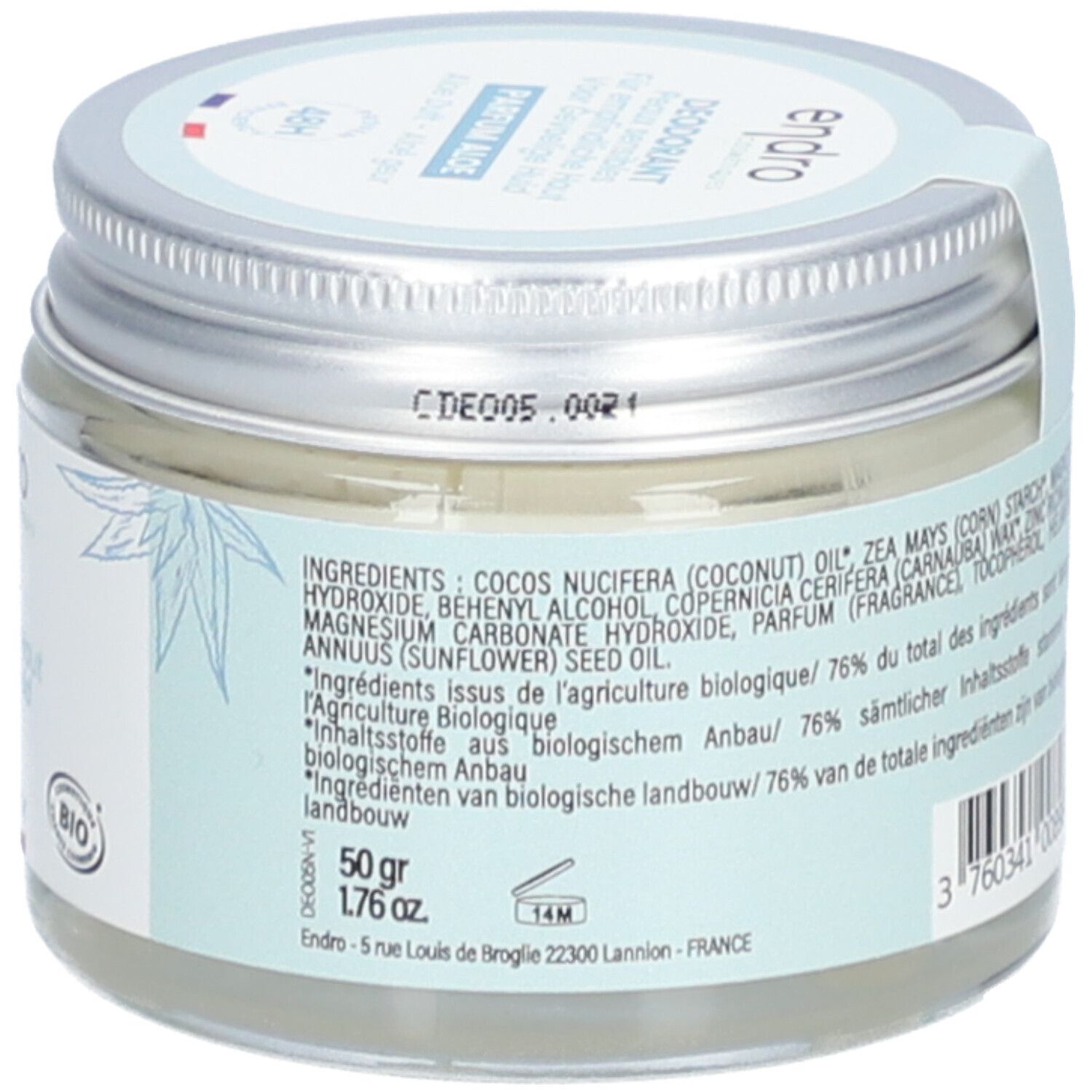 Pot de déodorant, dos. Texte: ingrédients, 50 g, 1.76 oz, adresse. Code-barres.