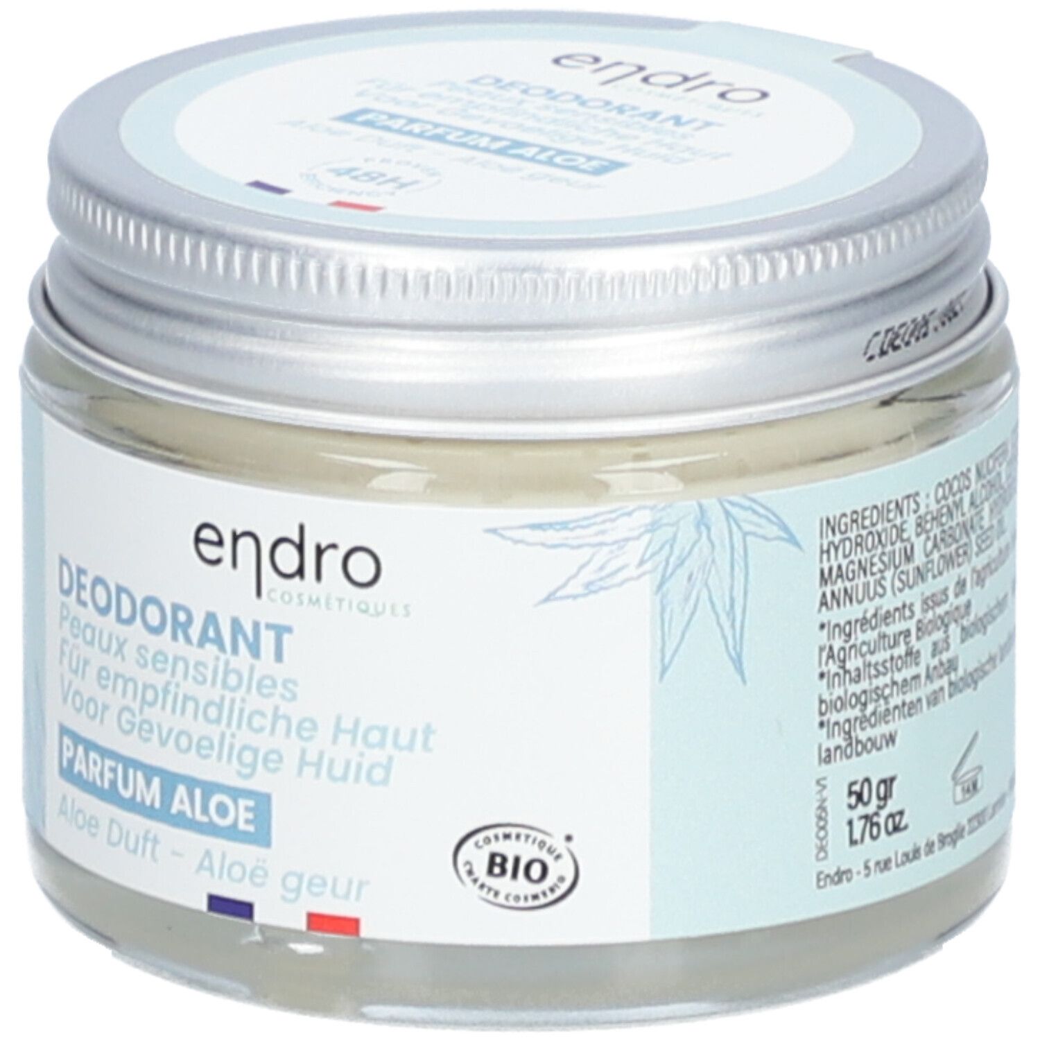 Pot de déodorant endro, parfum Aloe, pour peaux sensibles. Couvercle argenté, étiquette bleue. Certification bio.