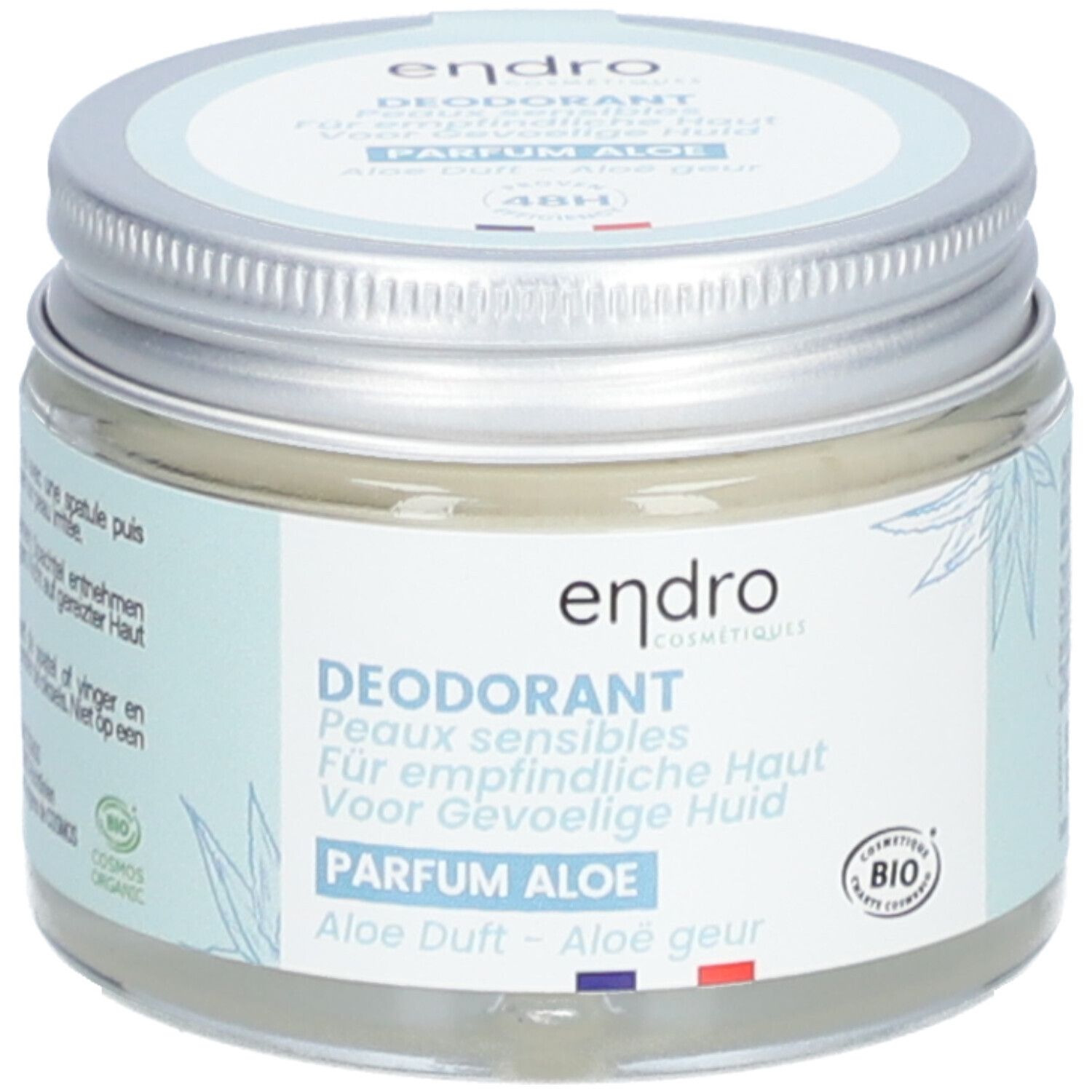 Pot de déodorant endro, parfum Aloe, pour peaux sensibles. Couvercle argenté, étiquette bleue. Certification bio.