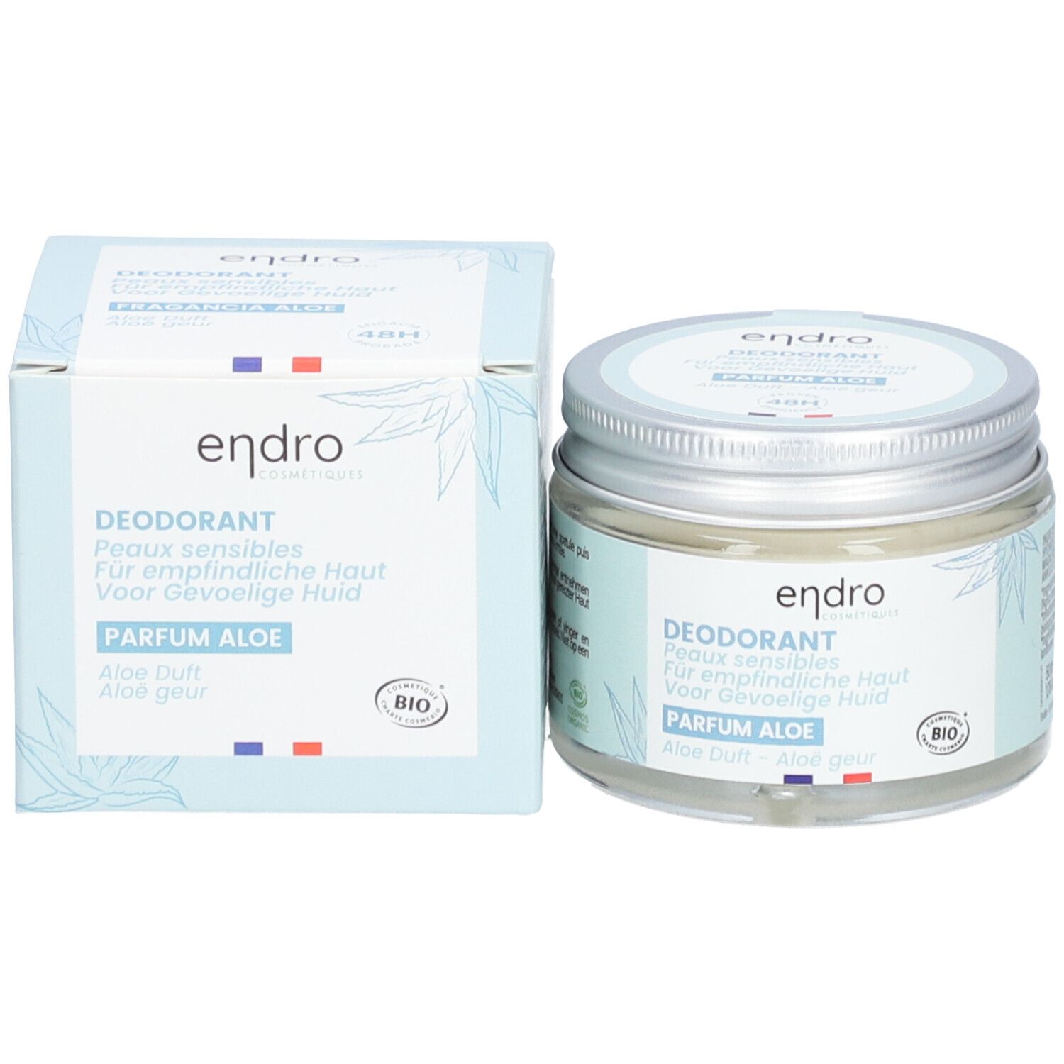 Pot de déodorant et boîte. Texte: endro, DEODORANT, Parfum Aloe. Certification bio.