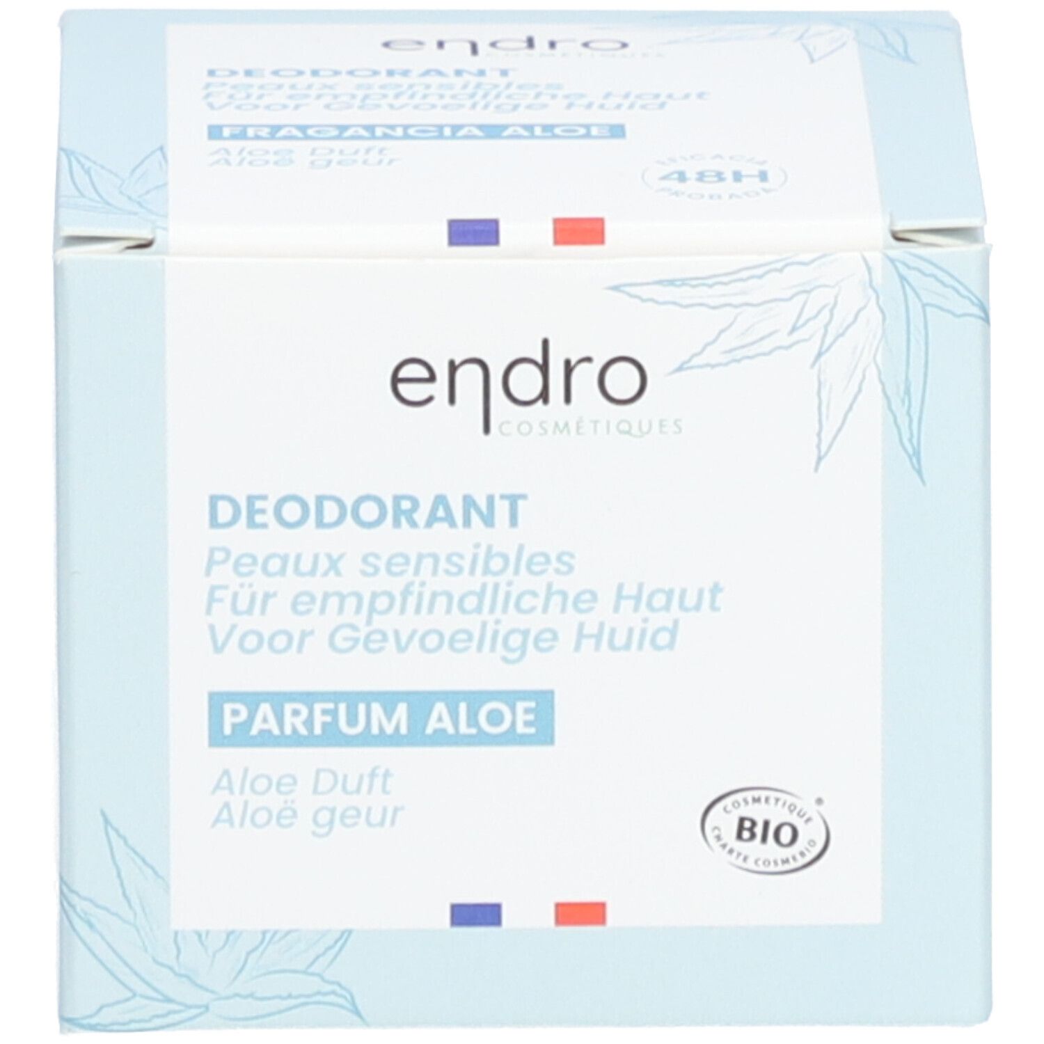 Boîte de déodorant. Texte: endro, DEODORANT, Parfum Aloe. Certification bio.
