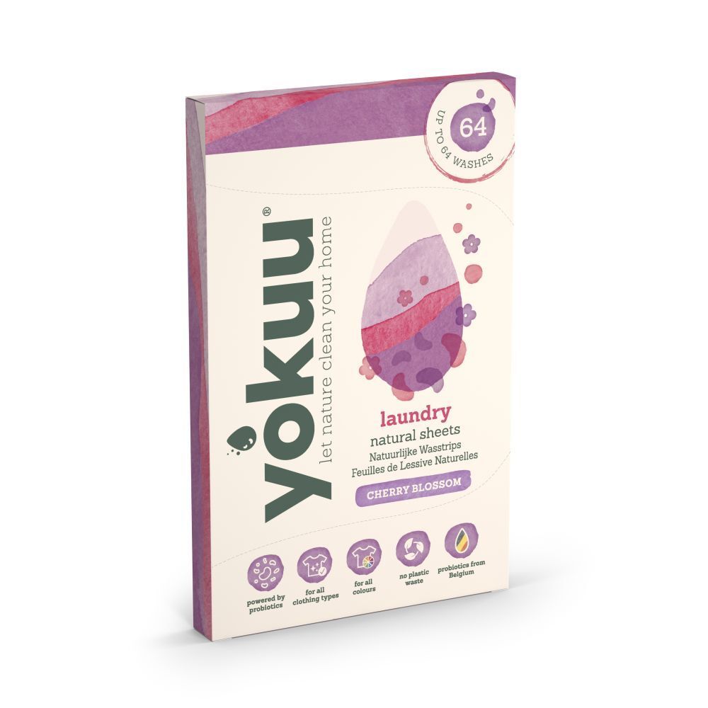 Boîte de feuilles de lessive YOKUU®. Inscription : Cherry Blossom, jusqu'à 64 lavages. Logo et icônes.
