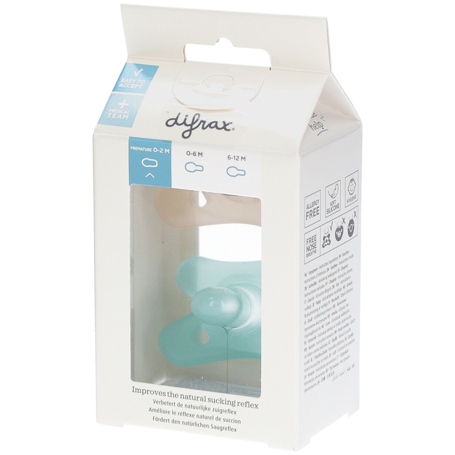 Emballage de sucette. La sucette est bleue avec une tétine ronde. L'emballage a une fenêtre et le nom de la marque.