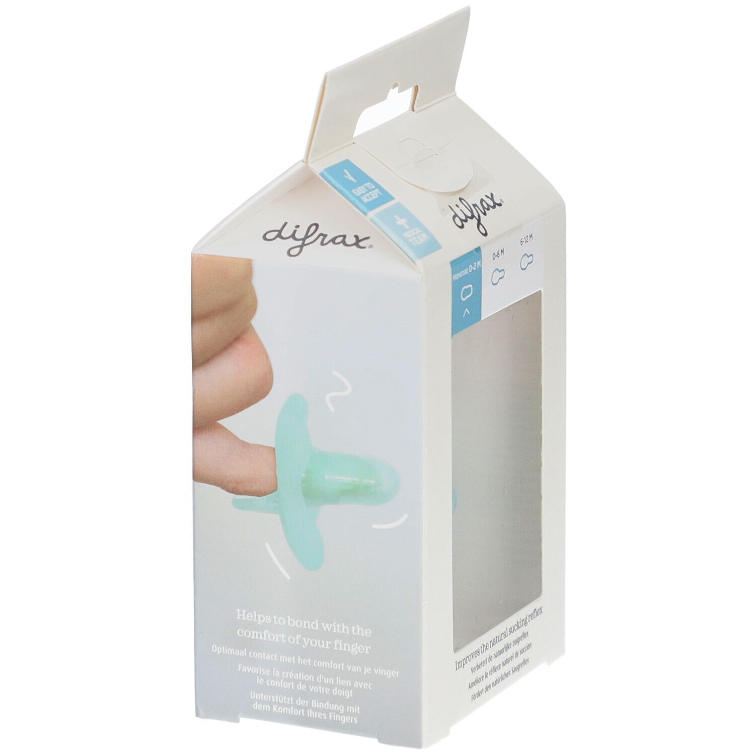 Emballage avec une sucette bleue. La sucette est démontrée avec un doigt. Le nom de la marque est visible.