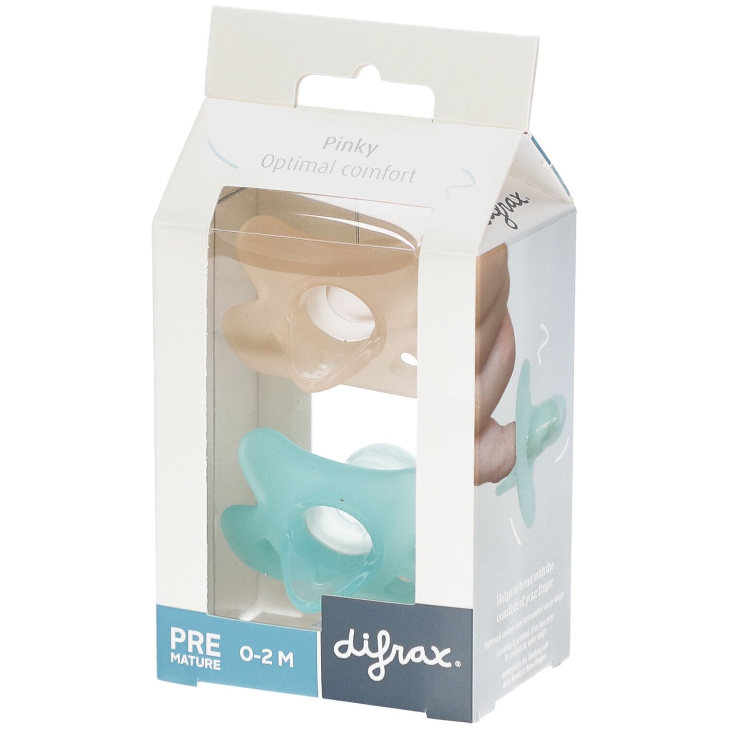 Emballage avec deux sucettes, une bleue et une beige. Le nom de la marque et la désignation du produit sont visibles.