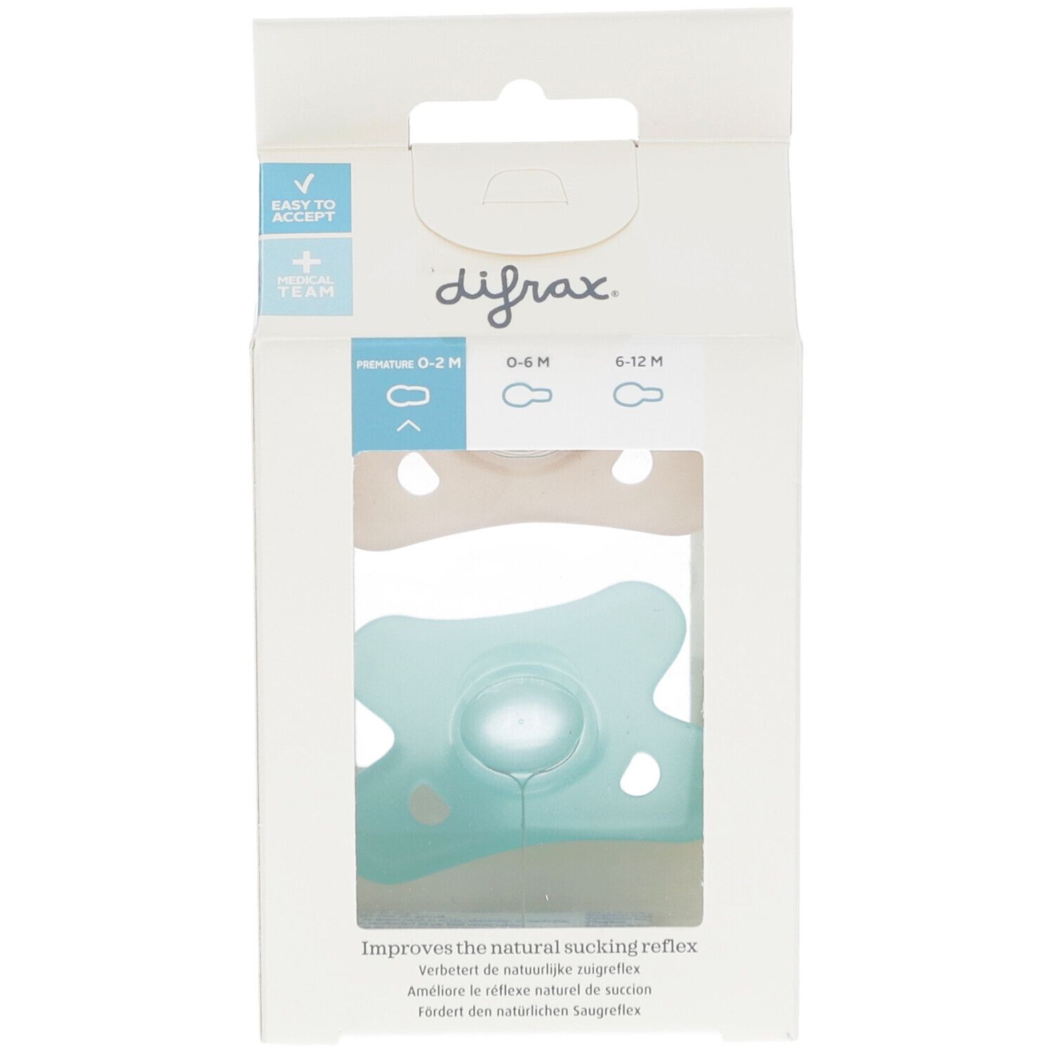 Emballage avec deux sucettes, une bleue et une beige. Le nom de la marque et la désignation du produit sont visibles.