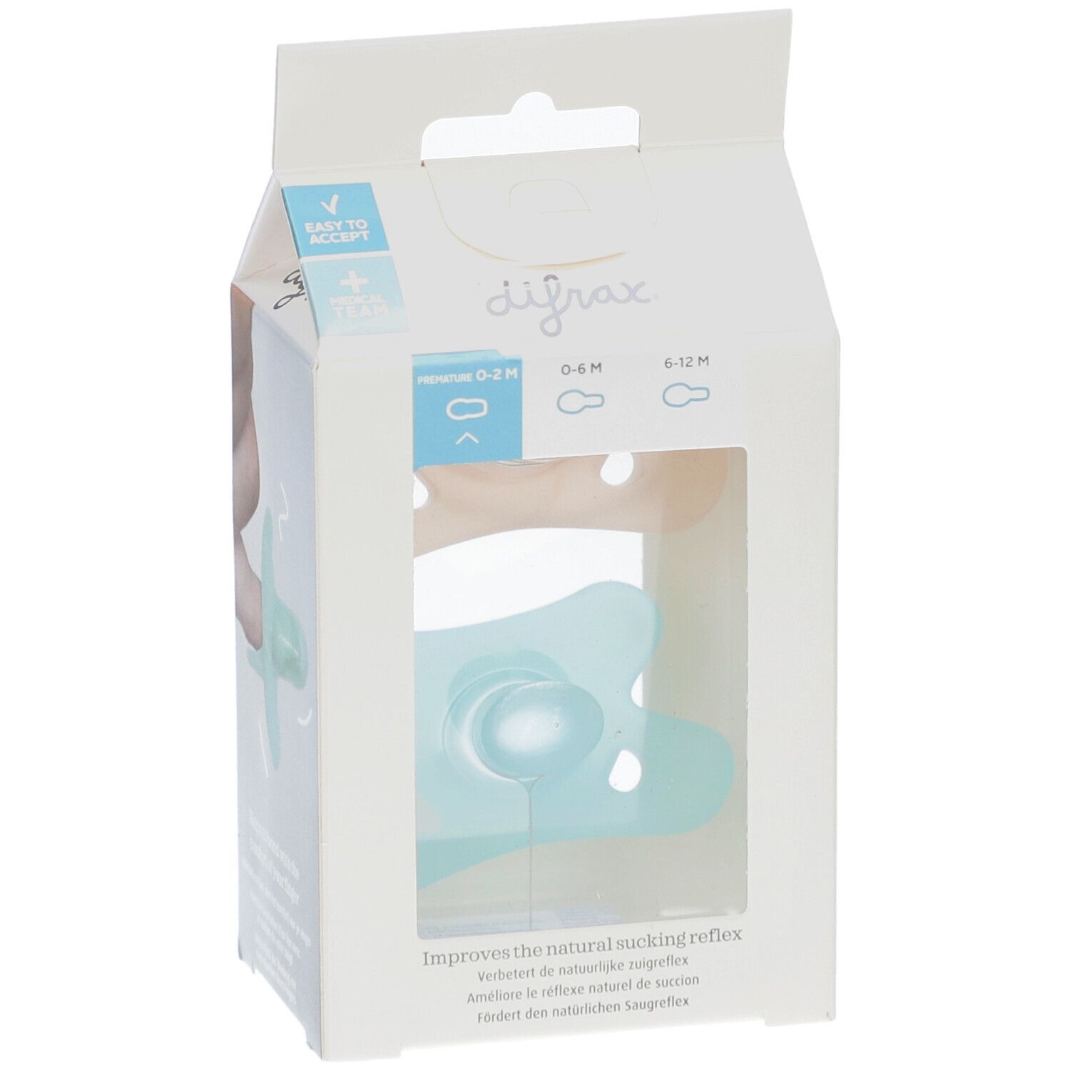 Emballage avec une sucette bleue. Le nom de la marque et la désignation du produit sont visibles.