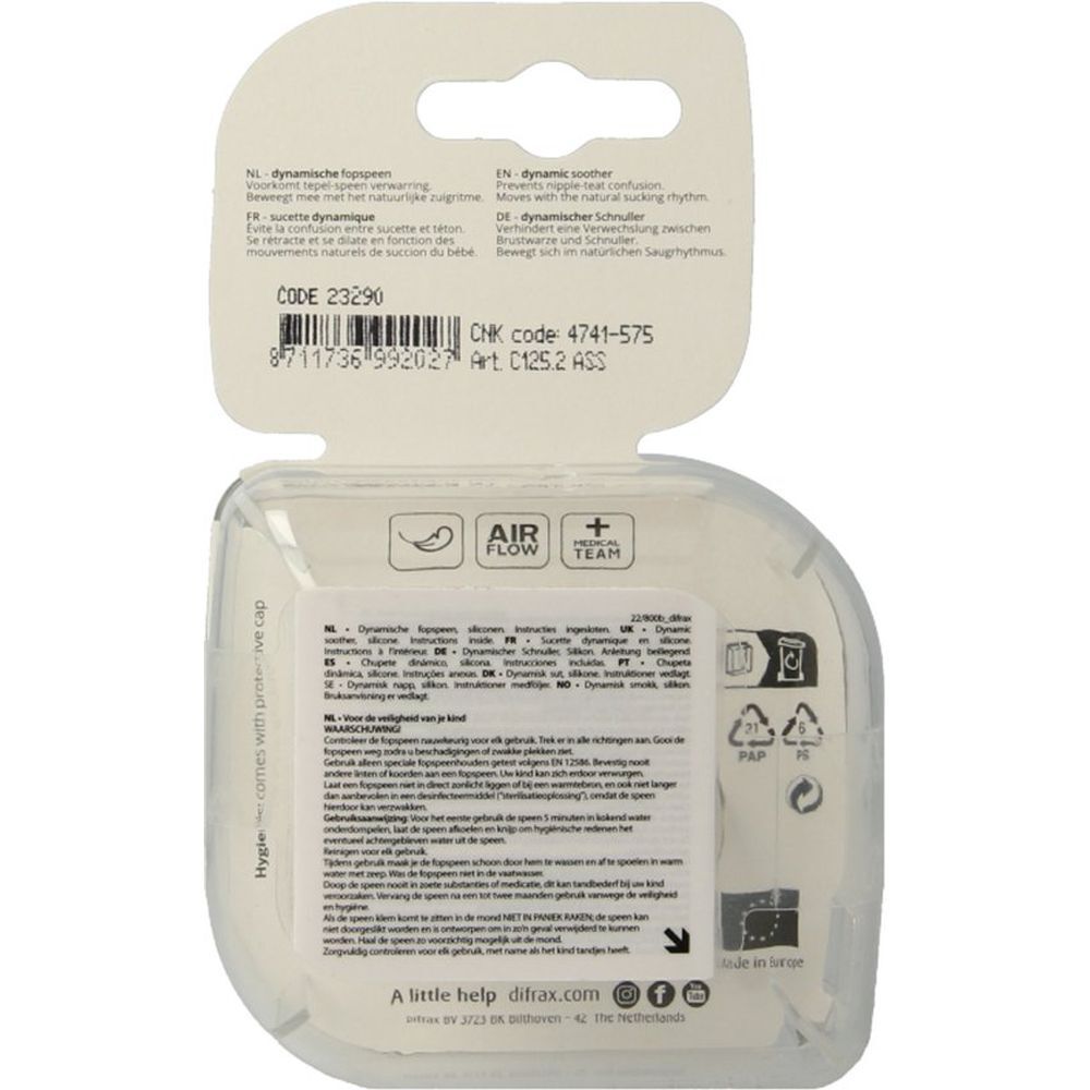 Dos de l'emballage avec informations produit. Texte en plusieurs langues. Code 23290, CHK code 4741-575, Art. C125.2 ASS. Symboles de recyclage.