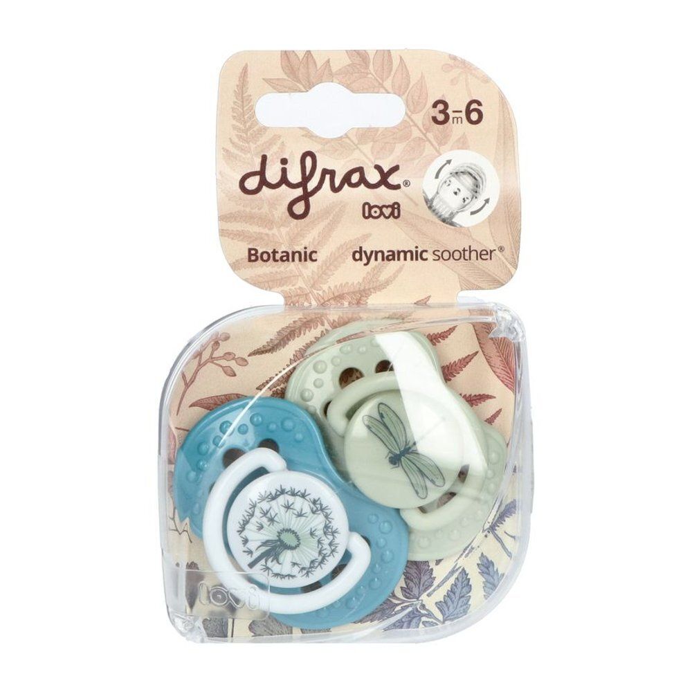 Emballage de deux sucettes. Sucettes bleues et vertes avec motifs botaniques. Marque Difrax, 3-6m.