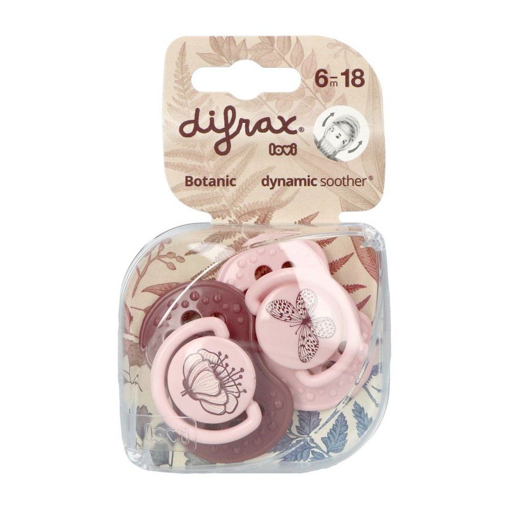 Emballage de deux sucettes Difrax, 6-18 mois, bleues et vertes.