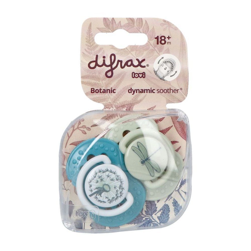 Emballage de deux sucettes. Sucettes bleues et vertes avec motifs botaniques. Marque : Difrax.