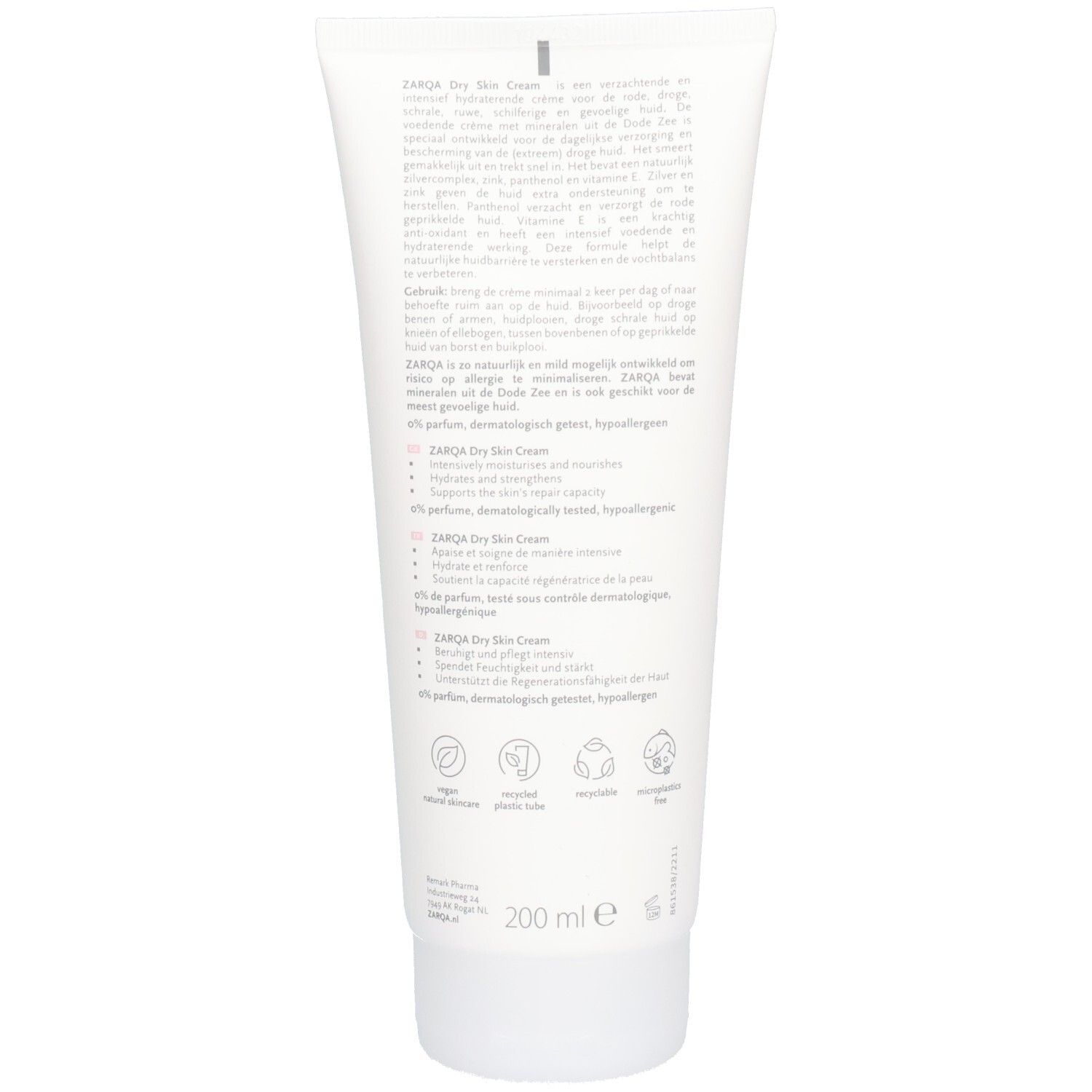Dos du tube blanc. Texte multilingue. Logos : Vegan, recyclable, sans tests sur les animaux. Volume : 200 ml.
