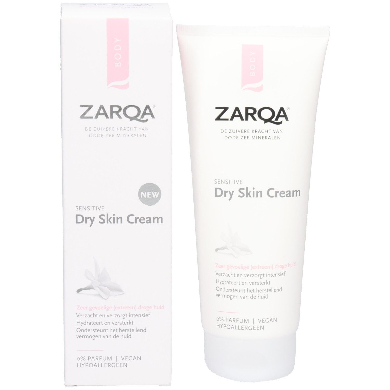 Zarqa Sensitive Dry Skin Cream et emballage. Blanc avec accent rose. Texte : Sensitive Dry Skin Cream, NEW, 0% Parfum, Vegan.