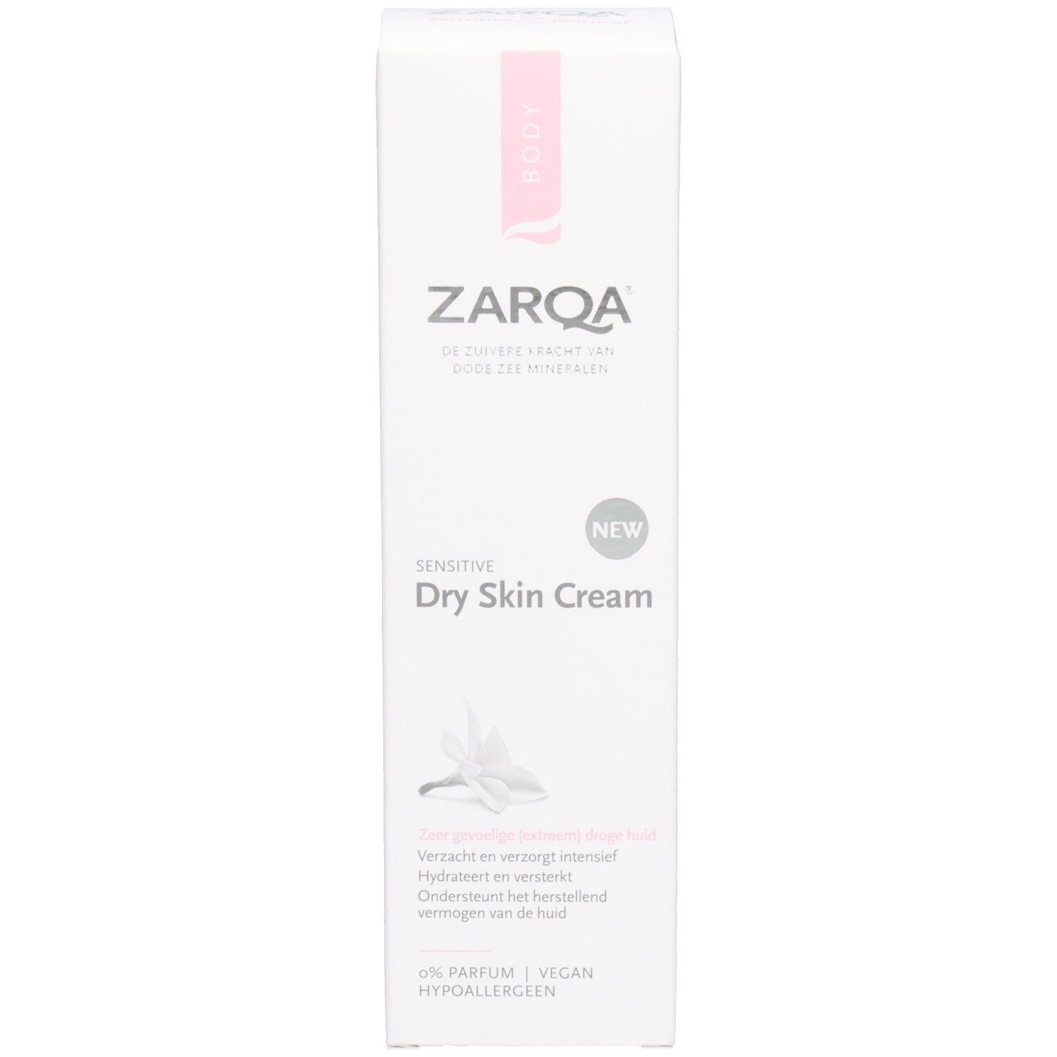 Emballage blanc avec Zarqa Sensitive Dry Skin Cream. Accent rose. Texte : Sensitive Dry Skin Cream, NEW, 0% Parfum, Vegan.