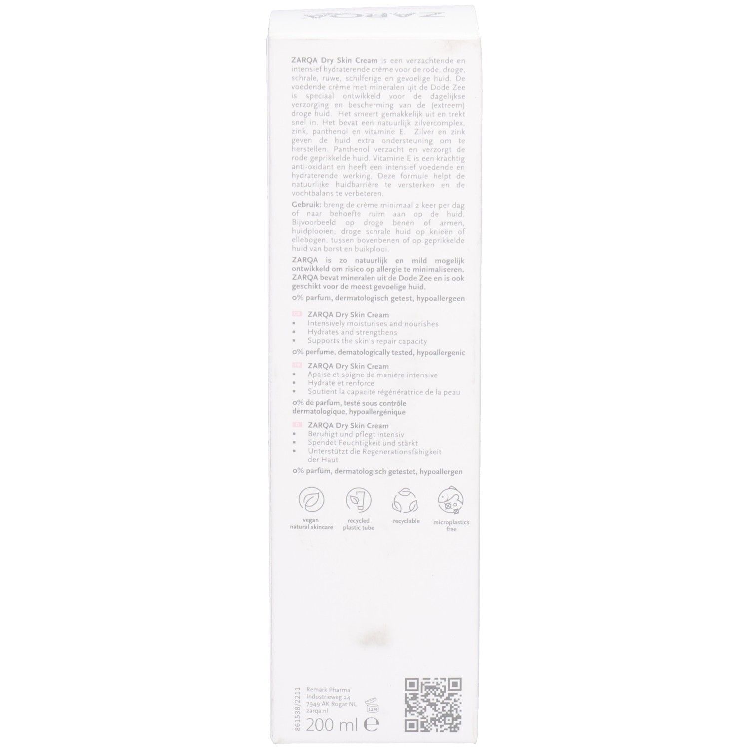 Dos de l'emballage blanc. Texte multilingue. Volume : 200 ml. Logos : Vegan, recyclable, sans tests sur les animaux.