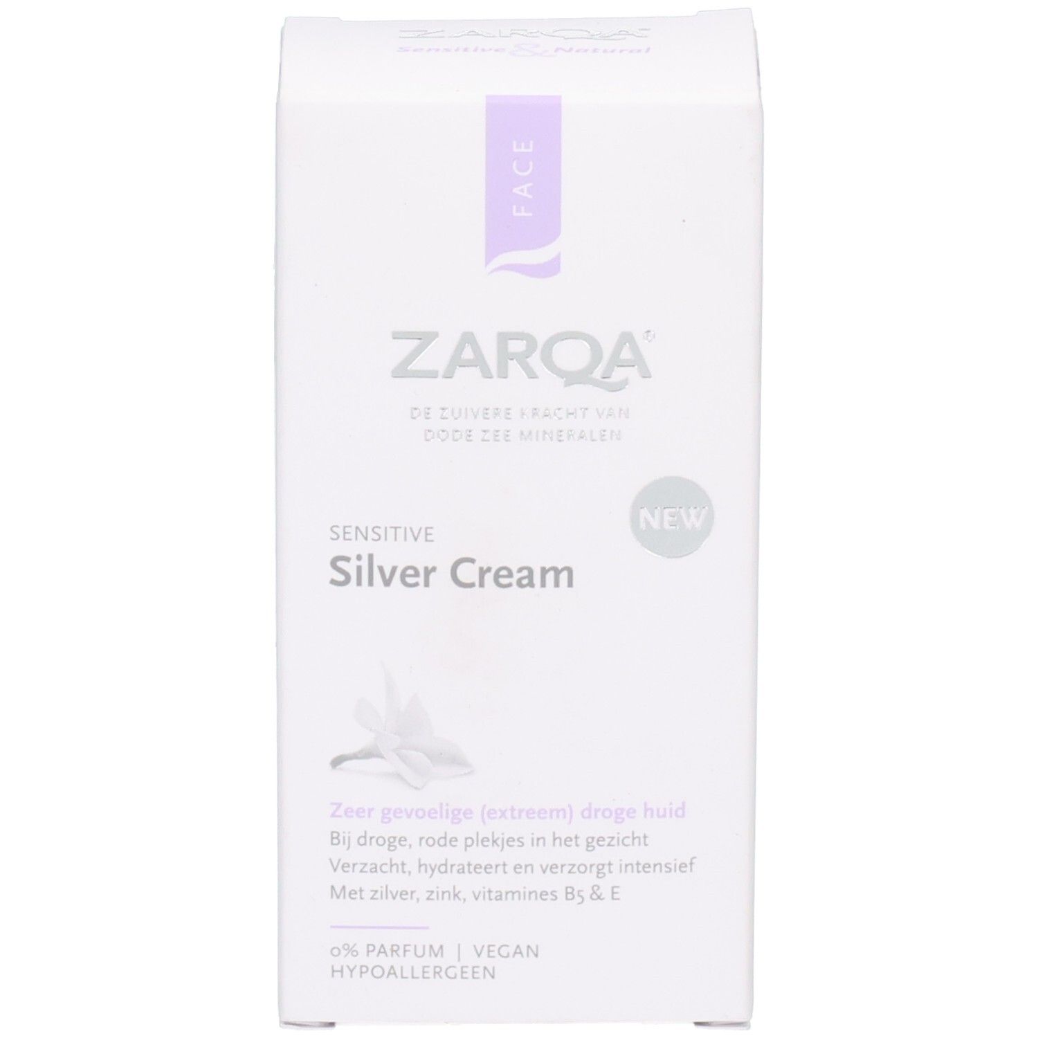 Face avant de la boîte pliante Zarqa Silver Cream.