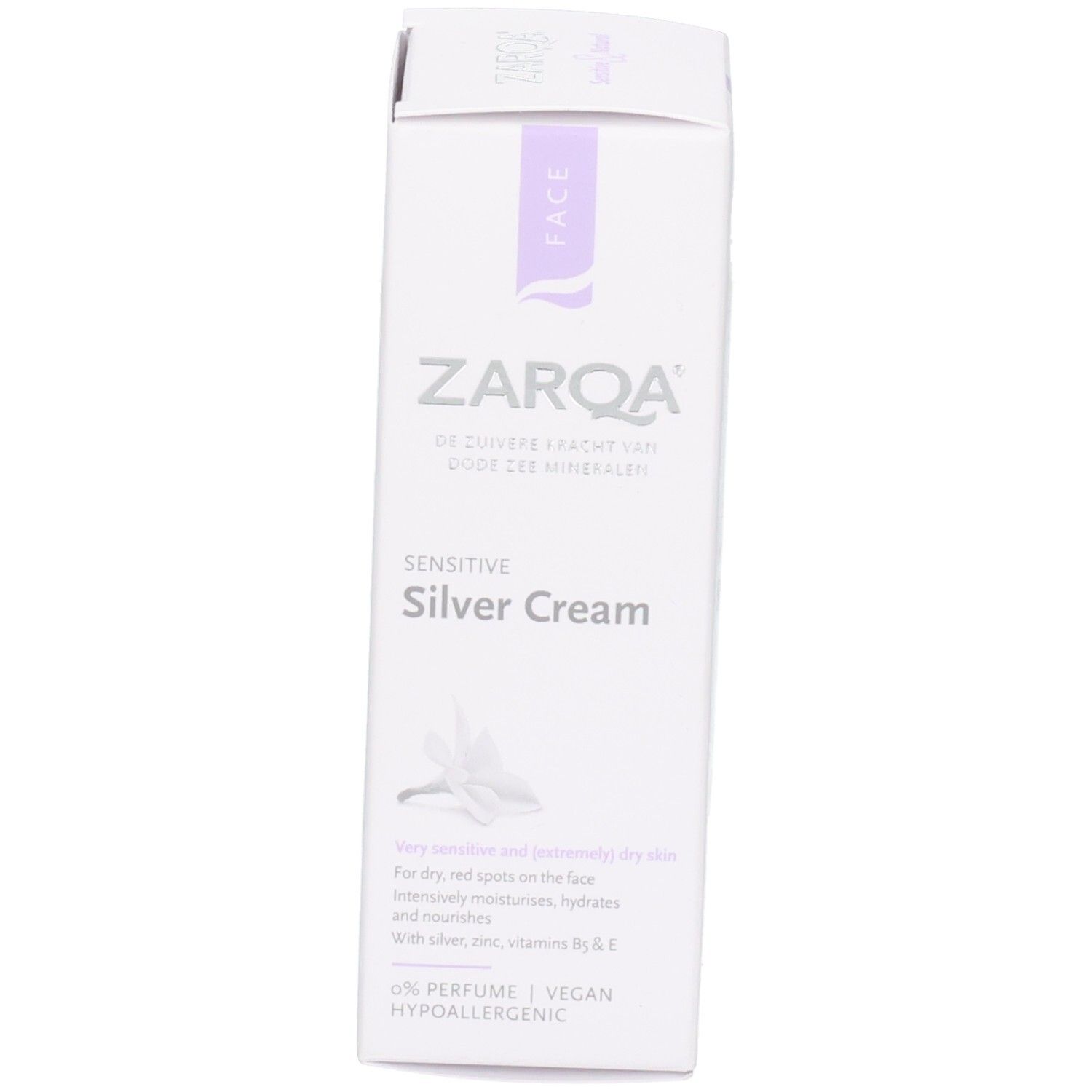 Face avant de la boîte pliante Zarqa Silver Cream.