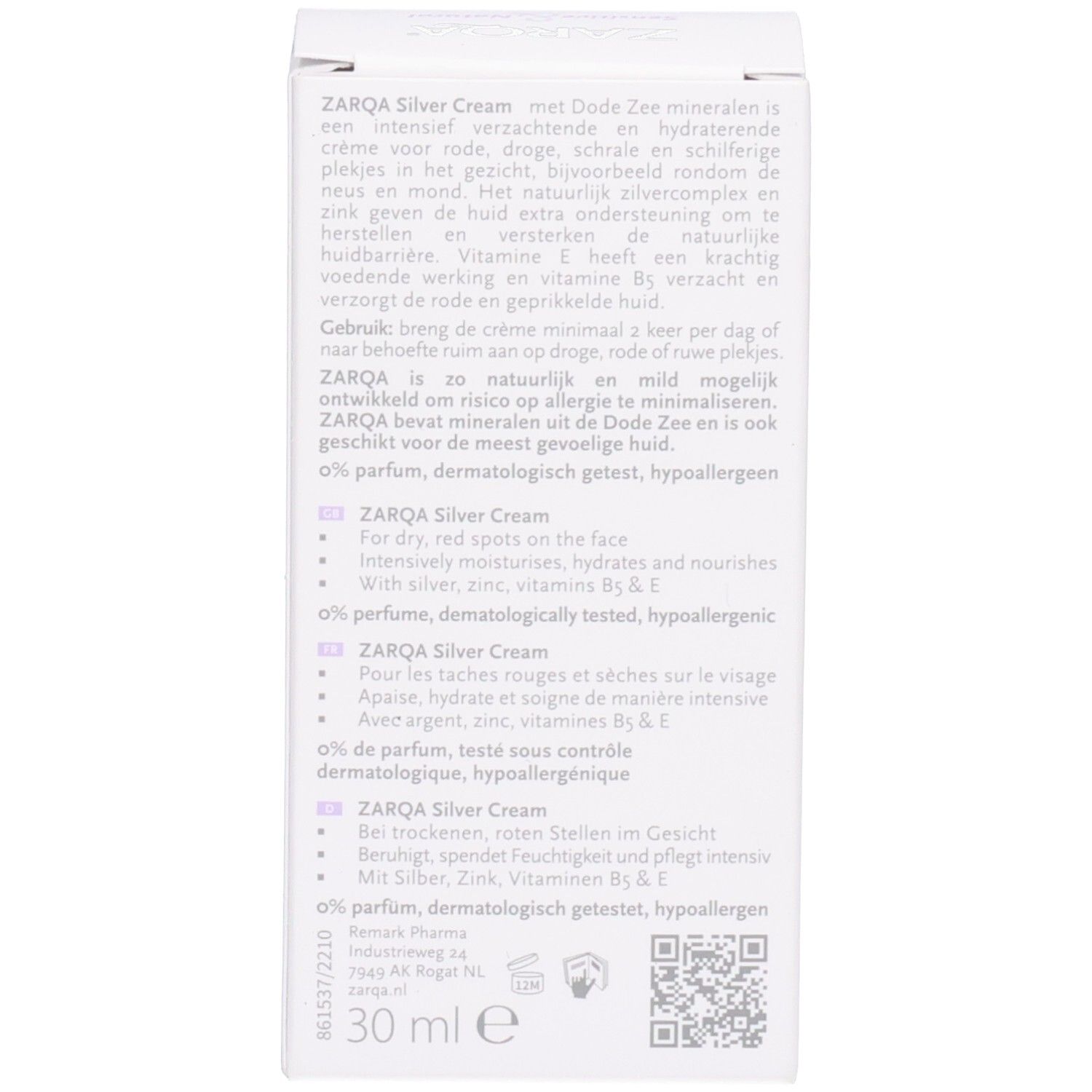 Arrière de la boîte pliante Zarqa Silver Cream avec informations produit.