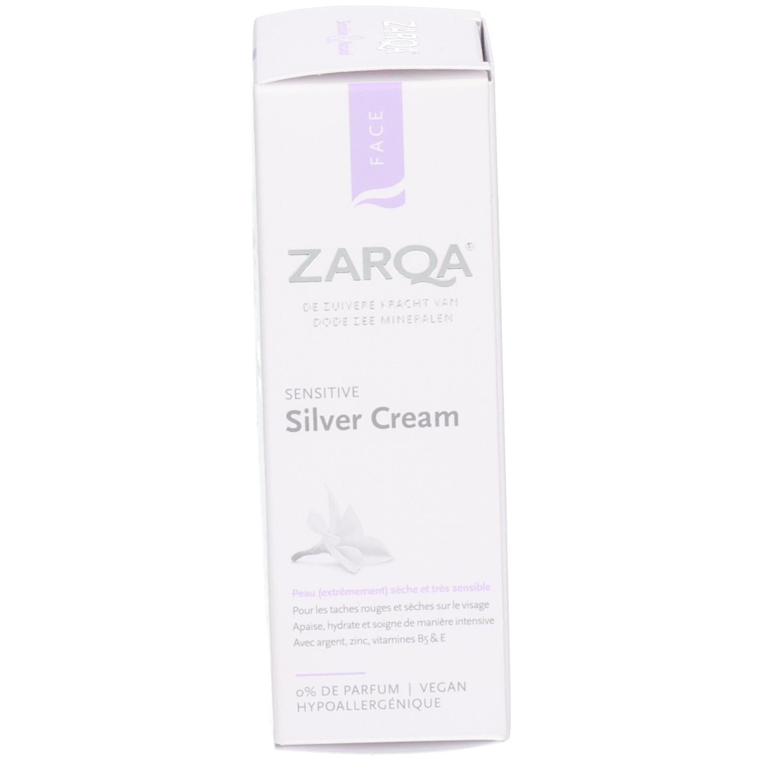 Face avant de la boîte pliante Zarqa Silver Cream.