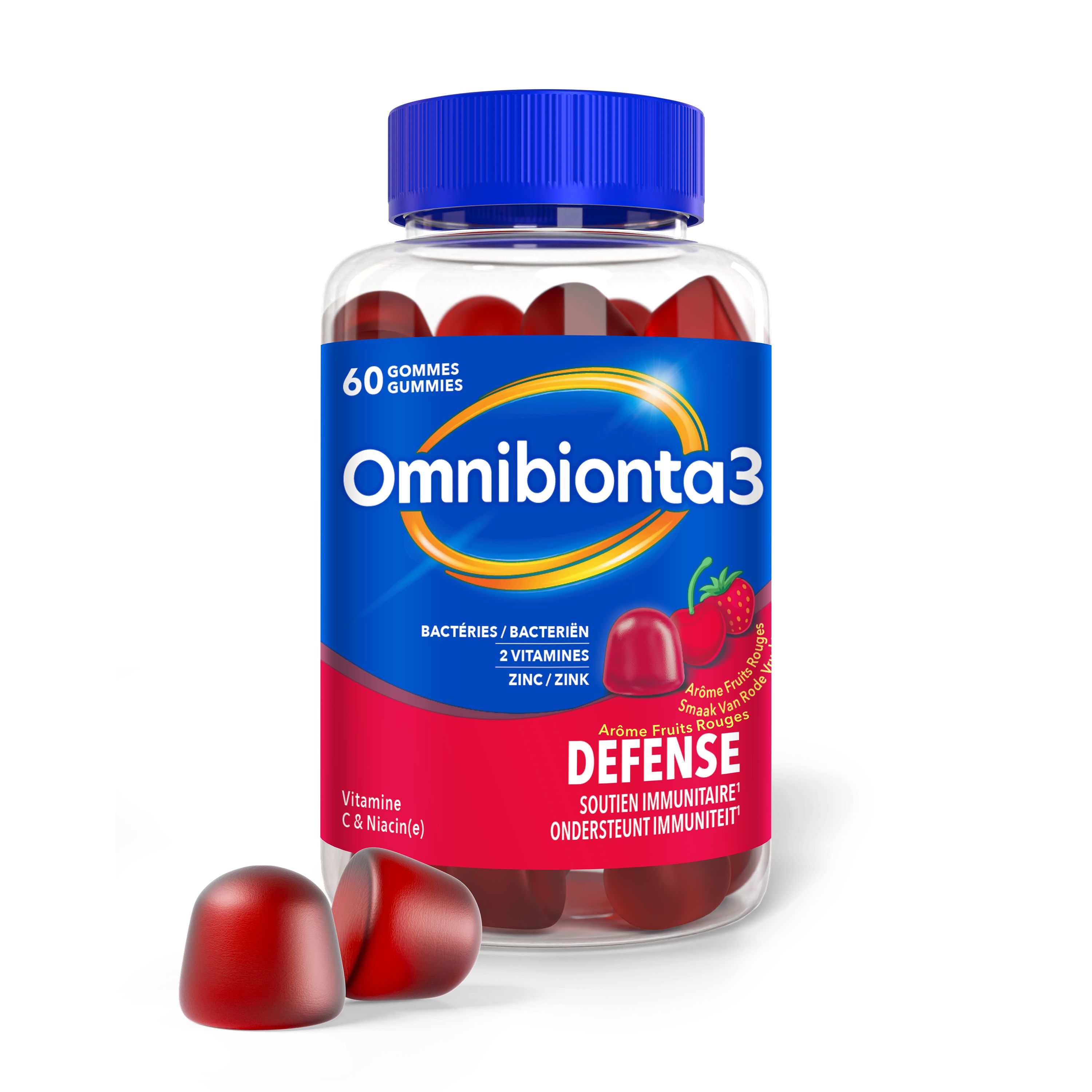 Gommes Omnibionta3. Gommes rouges, fraise et cerise. Fond bleu.