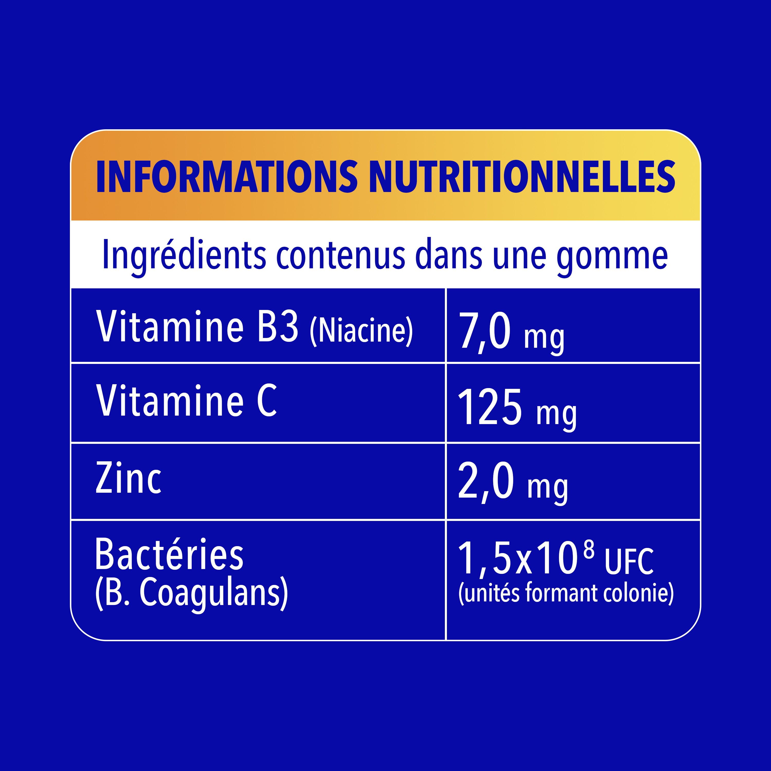 Symboles : Végétarien, sans arômes artificiels, sans gluten, sans lactose. Fond bleu.