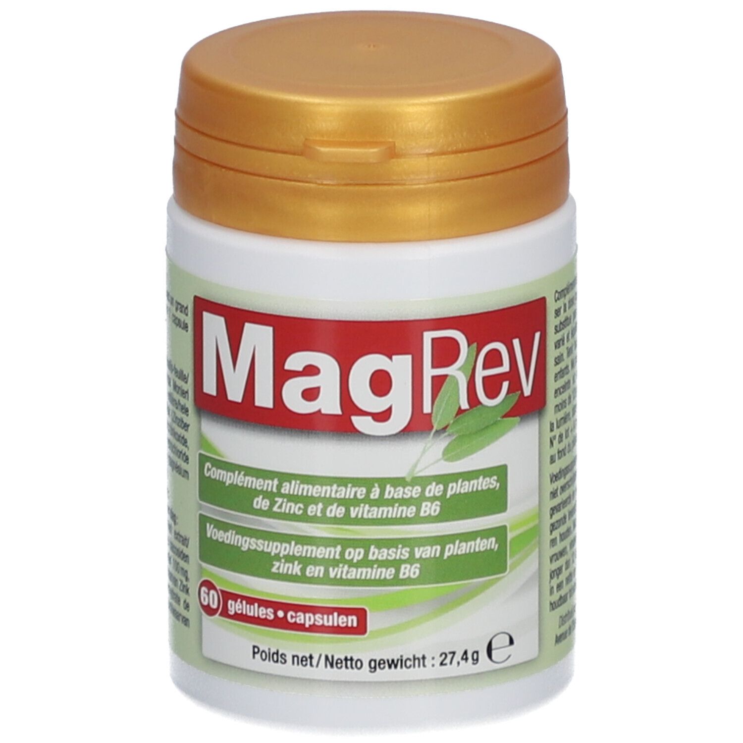 Flacon blanc avec couvercle doré. Inscription "MagRev". Contient 60 gélules. Étiquetage en français et néerlandais.