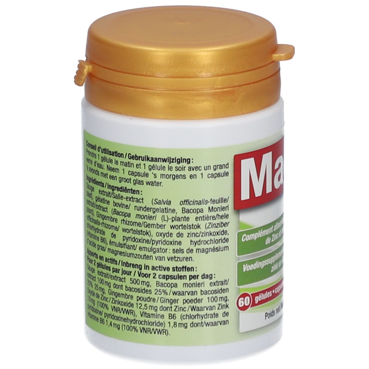 Dos du flacon blanc avec couvercle doré. Contient des informations sur les ingrédients et l'utilisation. Texte multilingue.