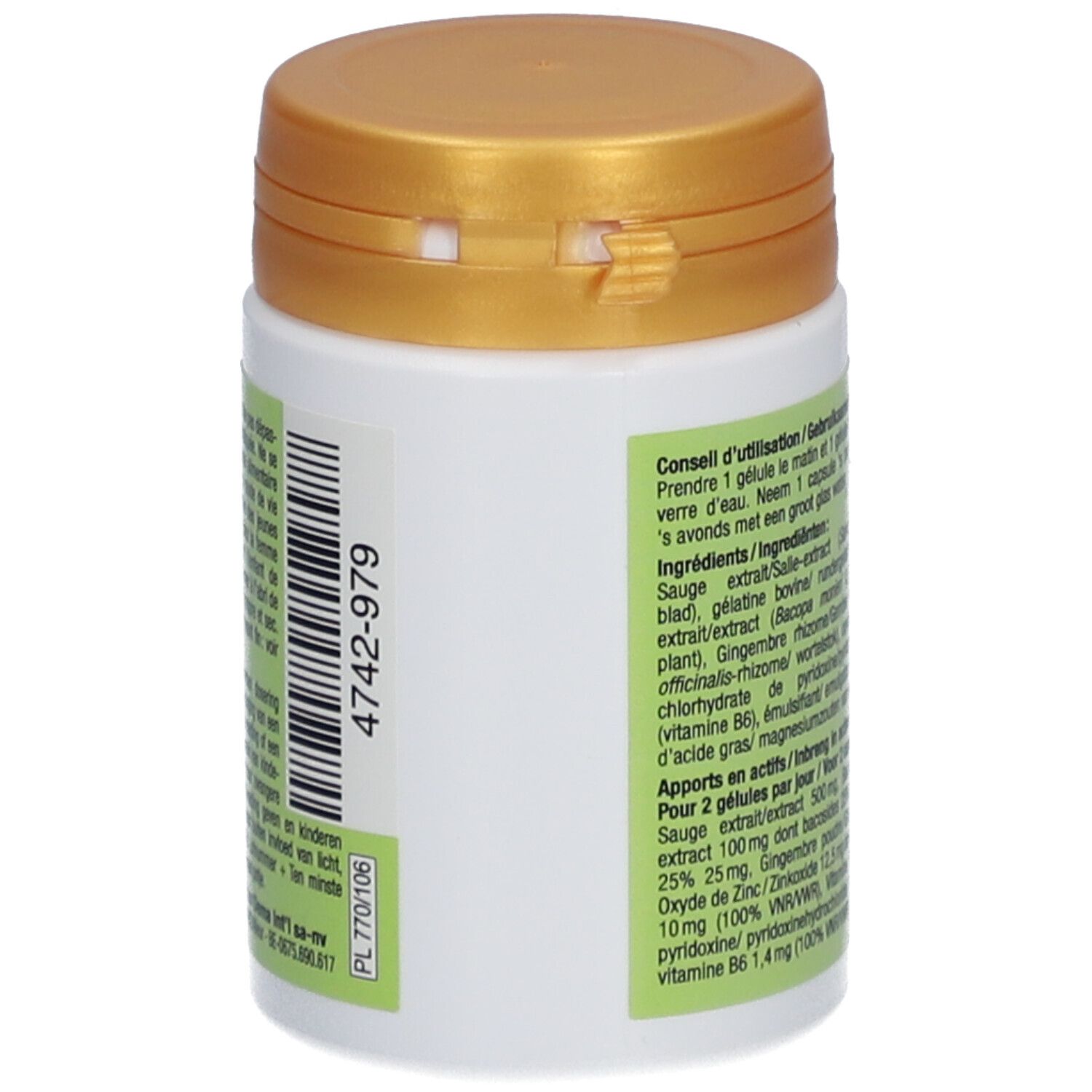 Dos du flacon blanc avec couvercle doré. Code-barres et numéro de lot. Texte multilingue.