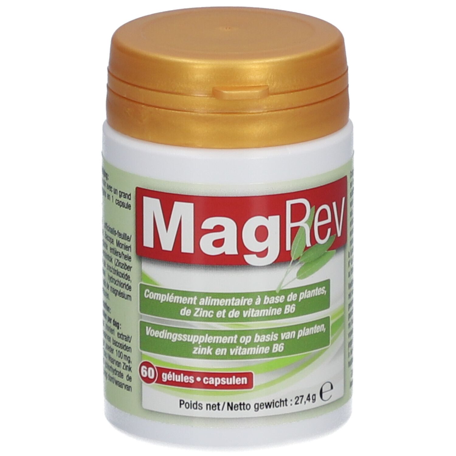 Flacon blanc avec couvercle doré. Inscription "MagRev". Contient 60 gélules. Étiquetage en français et néerlandais.