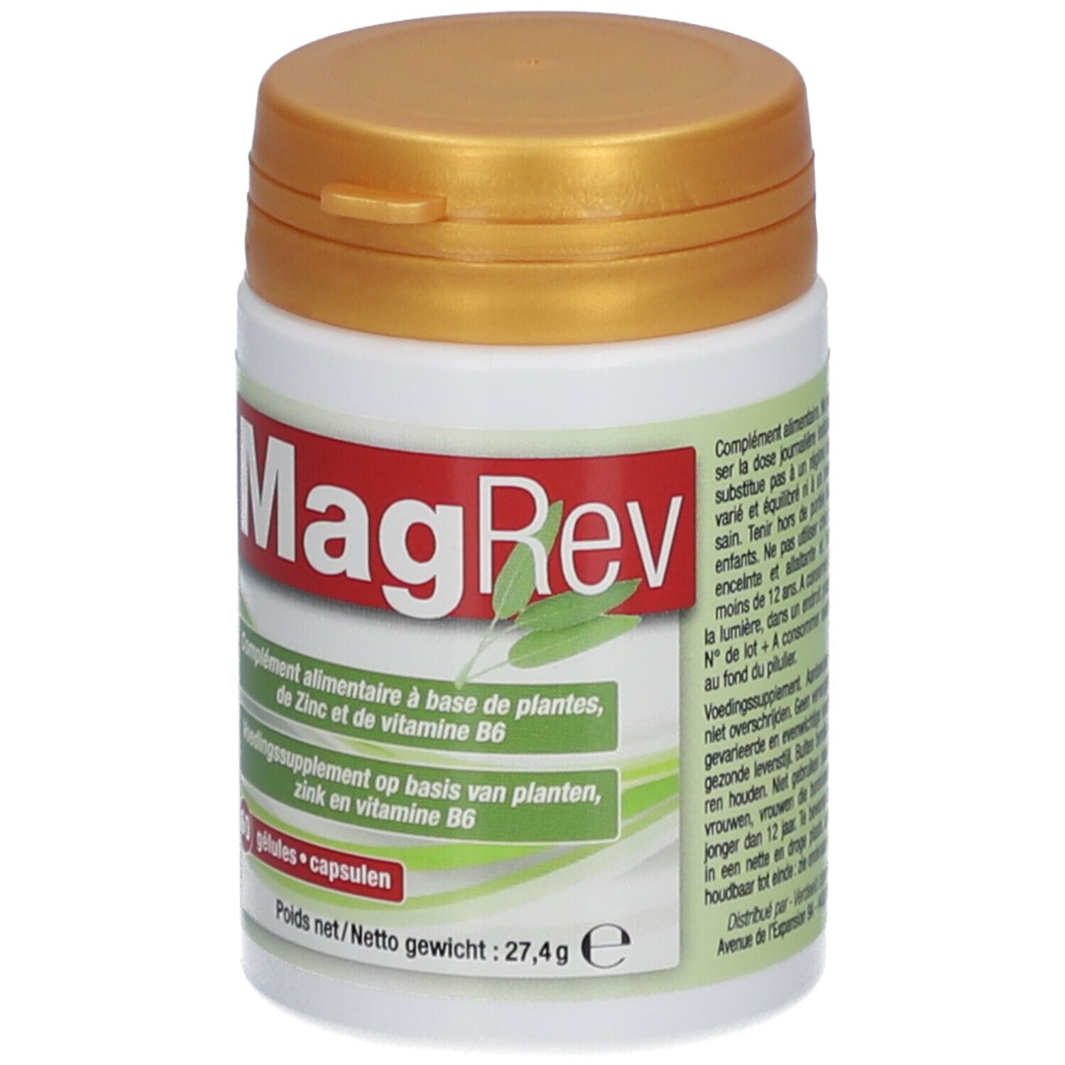 Flacon blanc avec couvercle doré. Inscription "MagRev". Contient 60 gélules. Étiquetage en français et néerlandais.