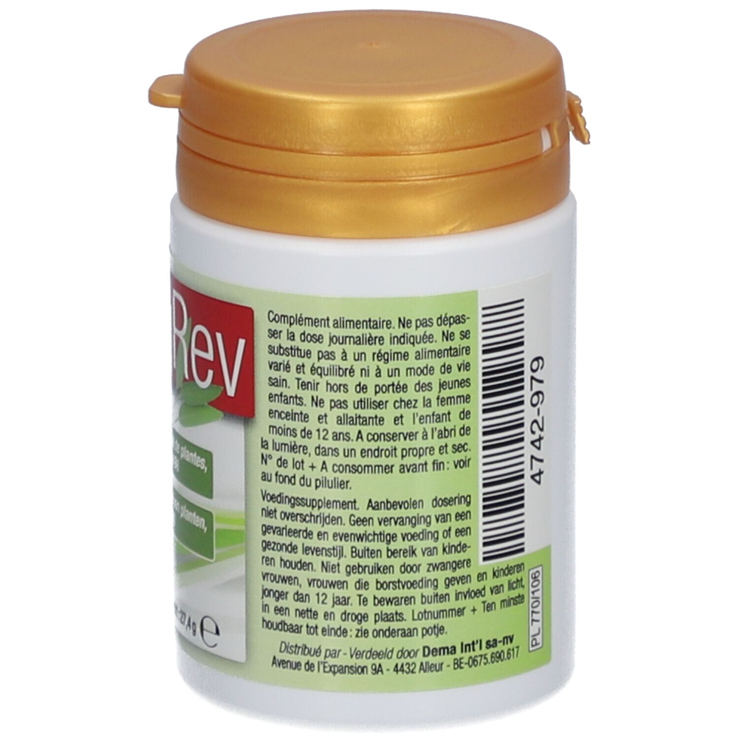 Dos du flacon blanc avec couvercle doré. Contient des informations sur les ingrédients et l'utilisation. Texte multilingue.