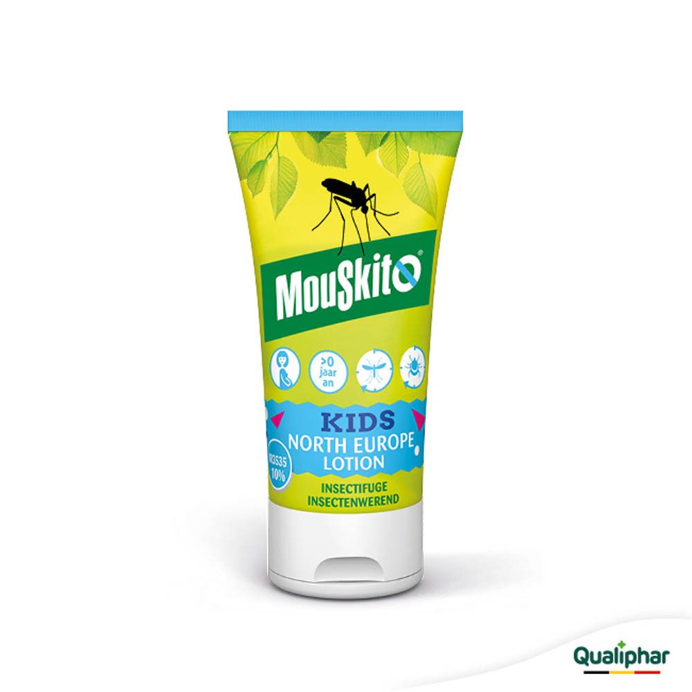 Tube de lotion Mouskito Kids North Europe avec symbole de moustique et feuilles.
