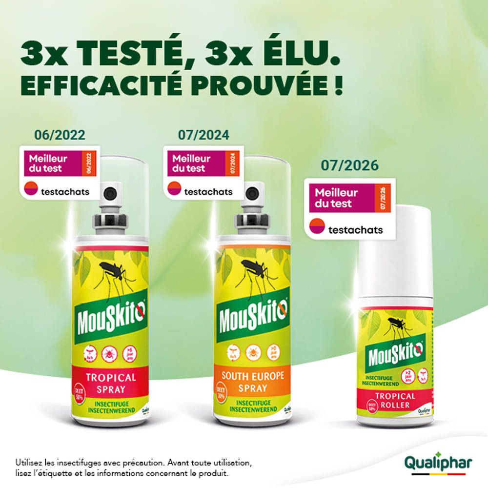 Tube de lotion Mouskito Kids North Europe avec symbole de moustique et feuilles.