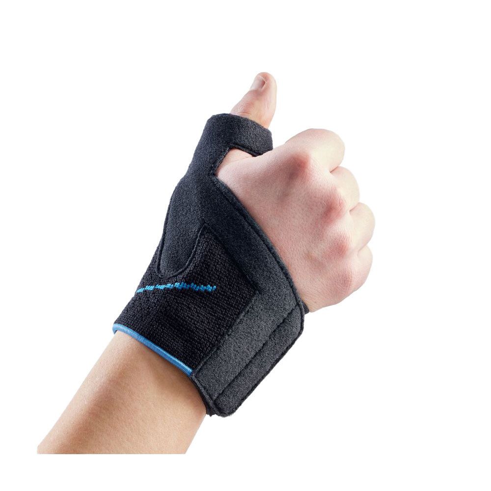 Attelle de pouce noire avec accent bleu. Bandage de poignet. Coutures et matériaux visibles.