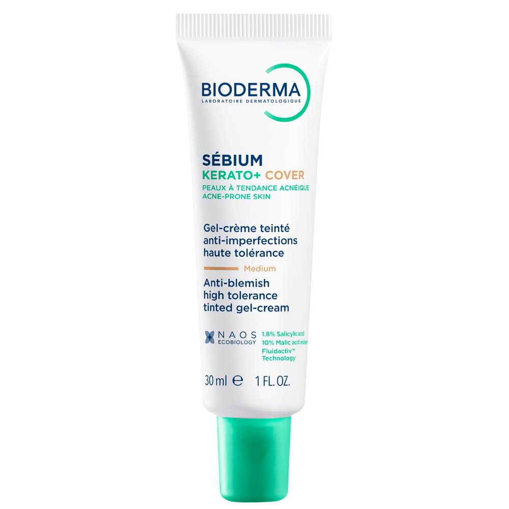 Tube de crème. Inscriptions : Bioderma, Sébium Kerato+ Cover, Medium. 30 ml.