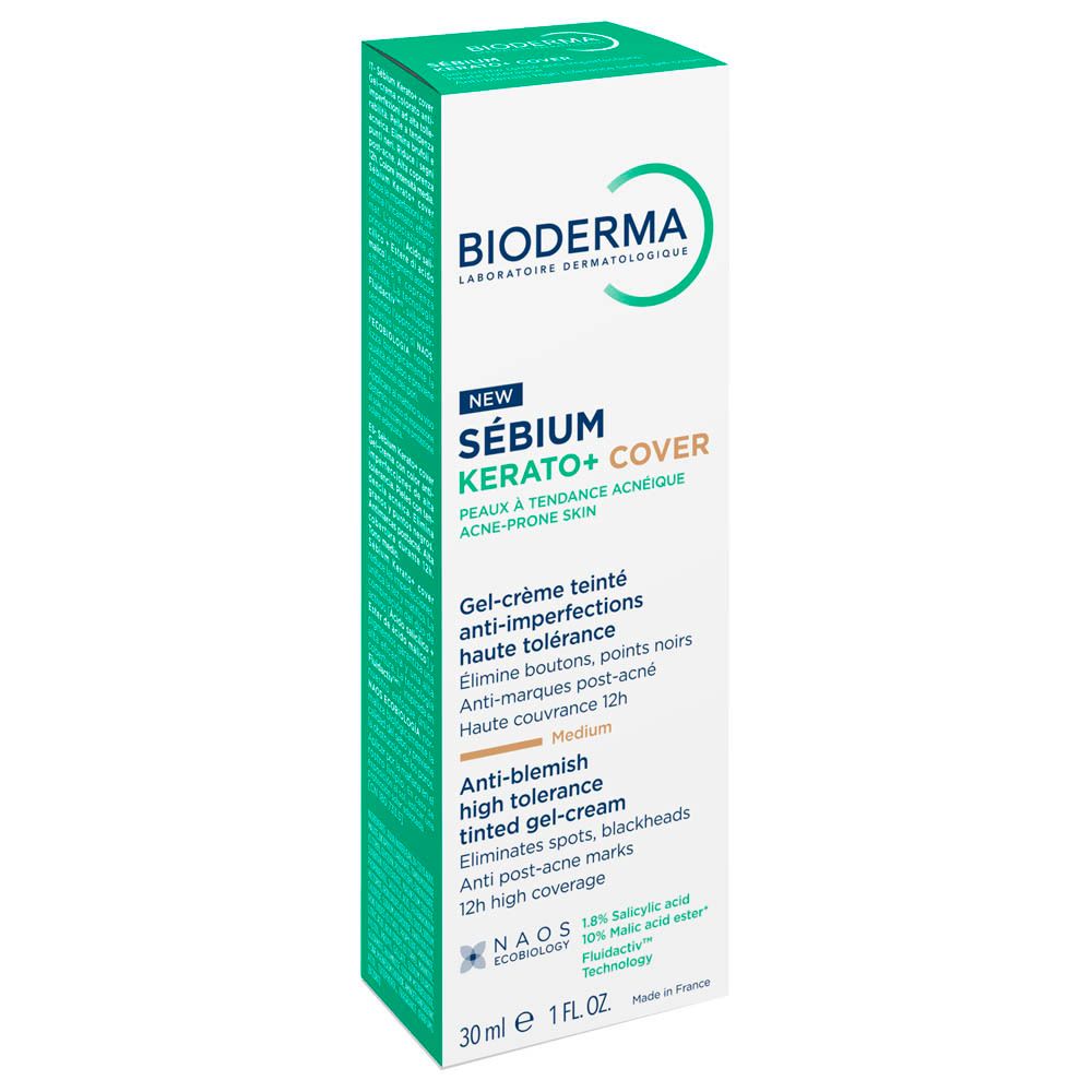 Emballage du produit. Inscriptions : Bioderma, Sébium Kerato+ Cover, Medium. 30 ml.