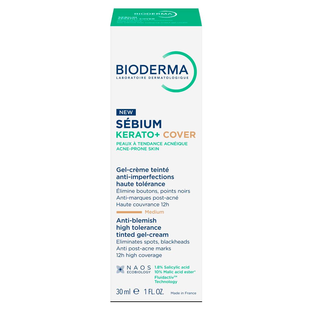 Emballage du produit. Inscriptions : Bioderma, Sébium Kerato+ Cover, Medium. 30 ml.