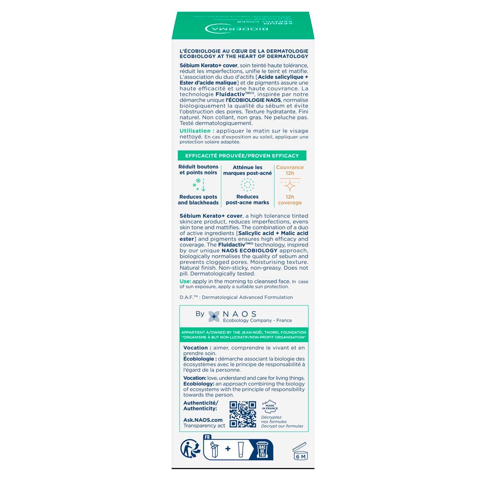 Emballage produit étroit. Inscriptions : Bioderma, Sébium Kerato+ Cover, Medium. 30 ml.