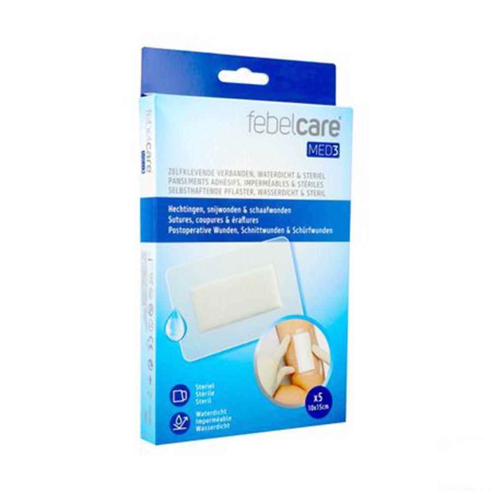 Boîte de Febelcare MED3, pansements adhésifs, imperméables et stériles. Un pansement est appliqué sur une jambe.