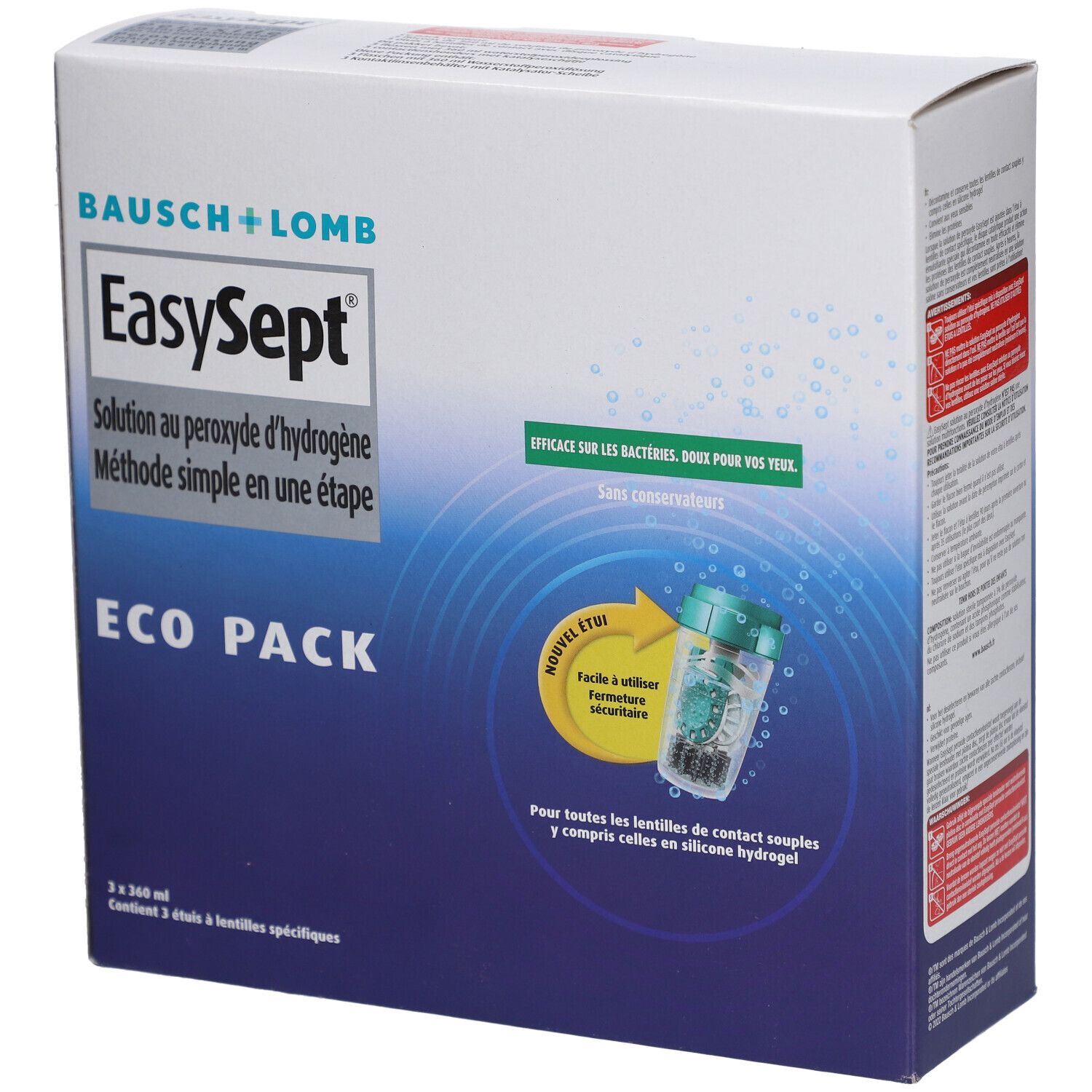 Boîte Bausch + Lomb EasySept Eco Pack. Contient 3 x 360 ml. Solution au peroxyde d'hydrogène. Méthode simple en une étape.