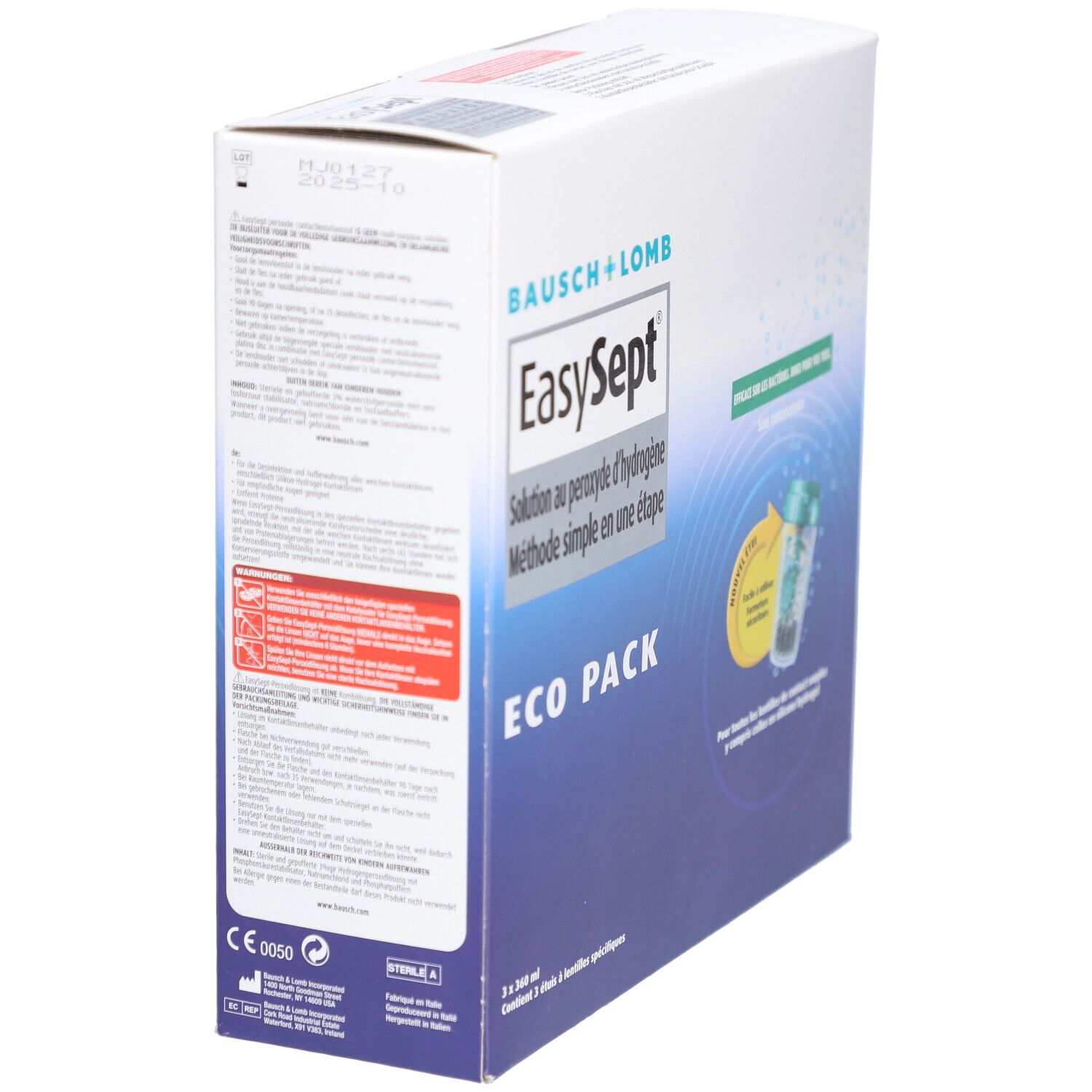 Boîte Bausch + Lomb EasySept Eco Pack. Contient 3 x 360 ml. Vue latérale de la boîte avec informations et texte.