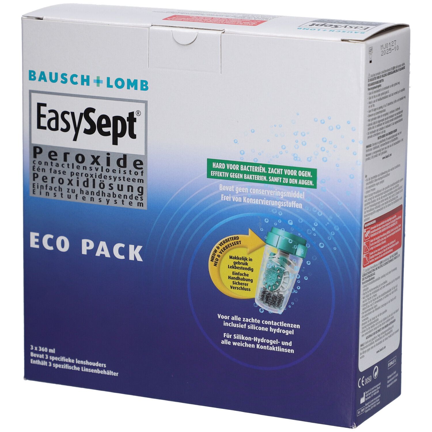 Boîte Bausch + Lomb EasySept Eco Pack. Contient 3 x 360 ml. Solution au peroxyde. Pour lentilles souples.