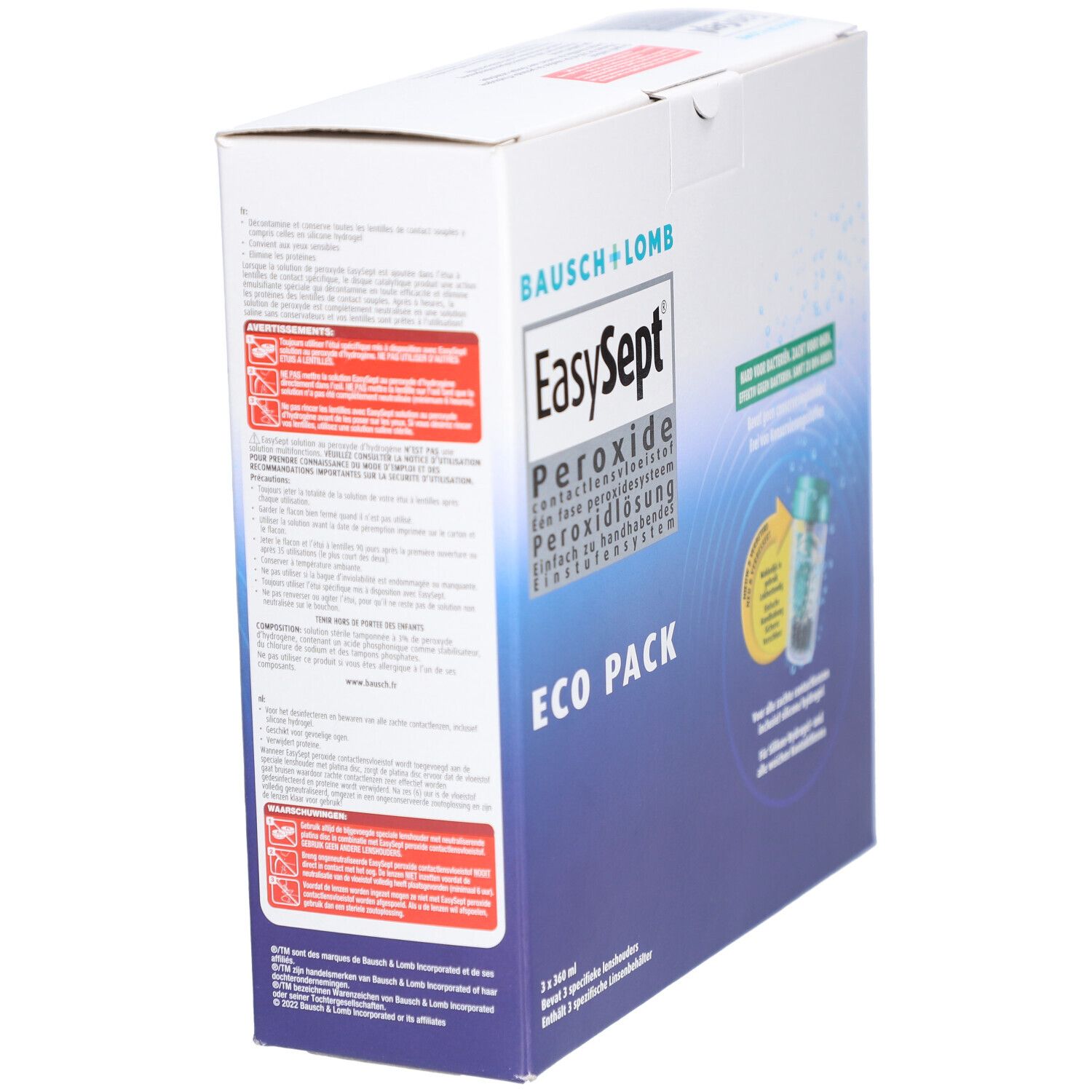 Boîte Bausch + Lomb EasySept Eco Pack. Contient 3 x 360 ml. Solution au peroxyde. Pour lentilles souples.