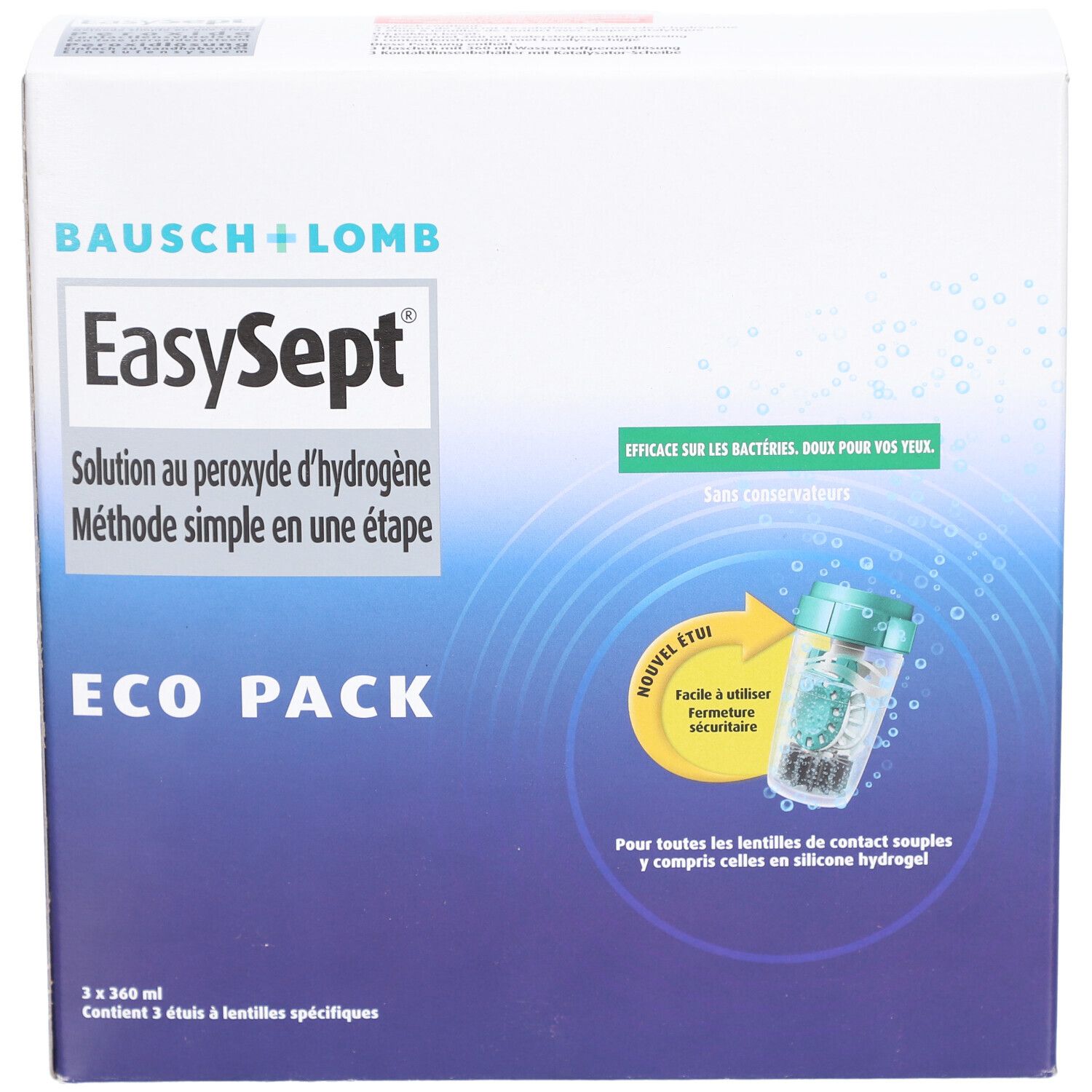 Boîte Bausch + Lomb EasySept Eco Pack. Contient 3 x 360 ml. Solution au peroxyde. Pour lentilles souples.