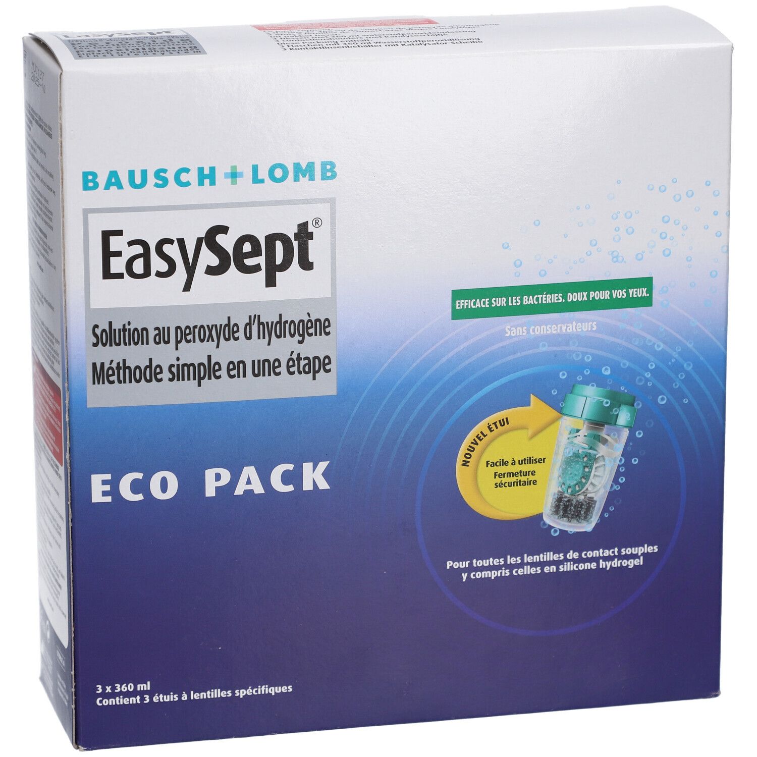 Boîte Bausch + Lomb EasySept Eco Pack. Contient 3 x 360 ml. Solution au peroxyde. Pour lentilles souples.